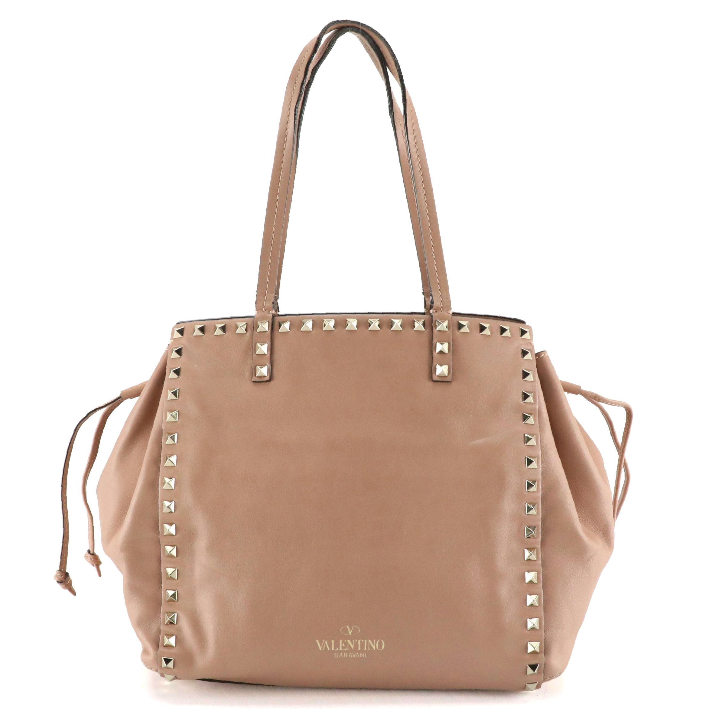 Valentino Garavani Rockstud Drawstring Tote in Beige Calfskin Leather