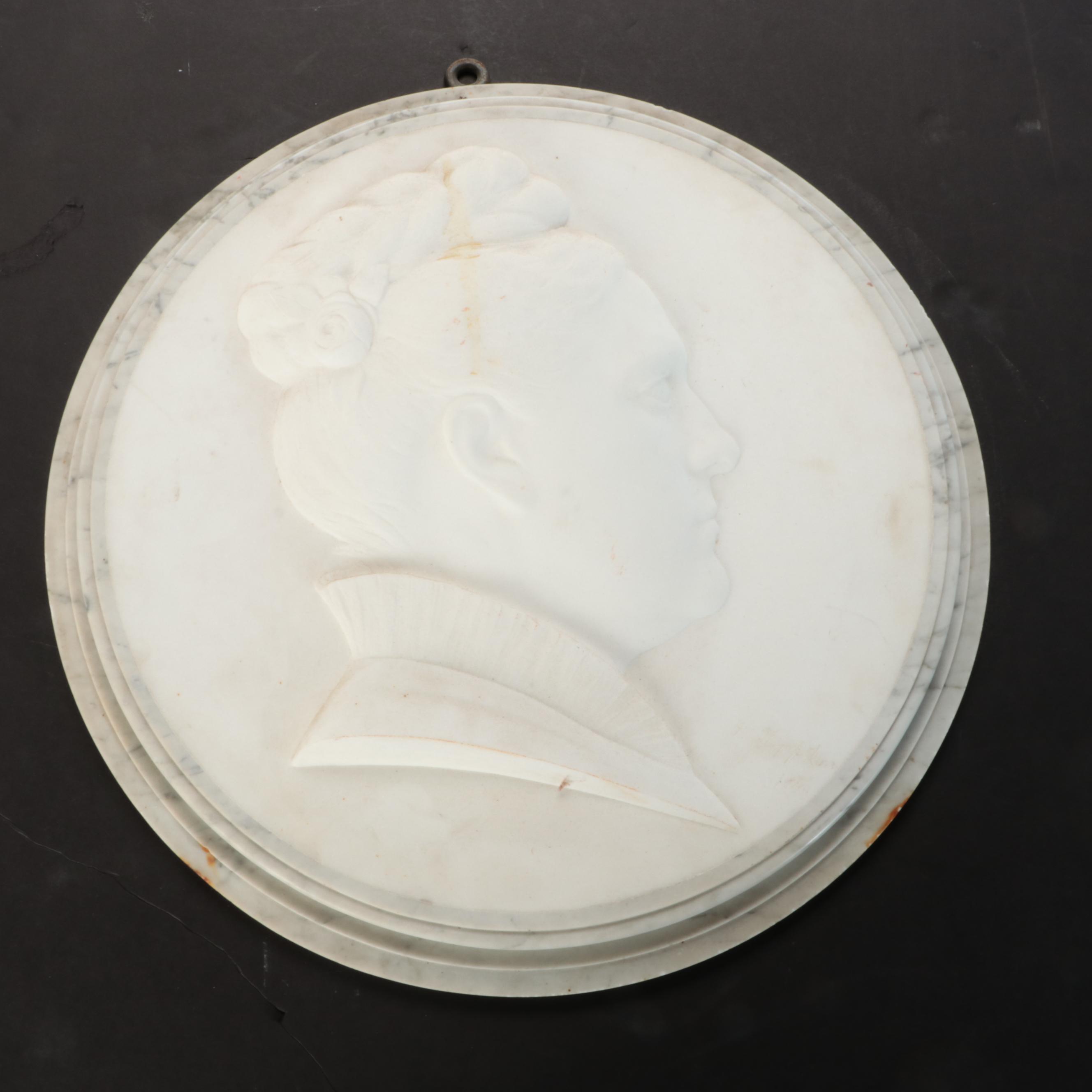 Large Neoclassical Carved Marble Portrait Roundel of a Lady, 19th Century