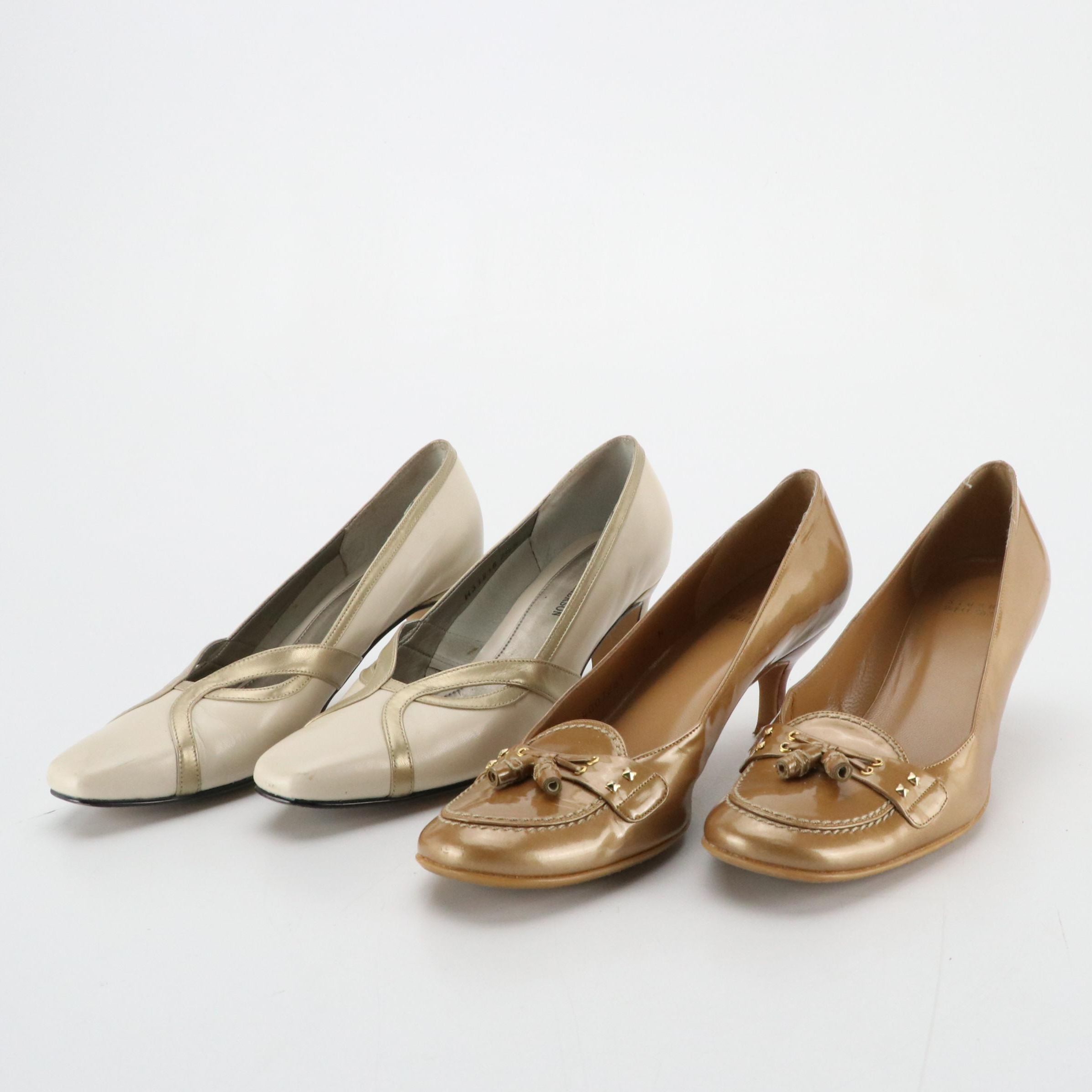 Ros Hommerson White Leather and Stuart Weitzman Beige Patent Leather Heels W Box