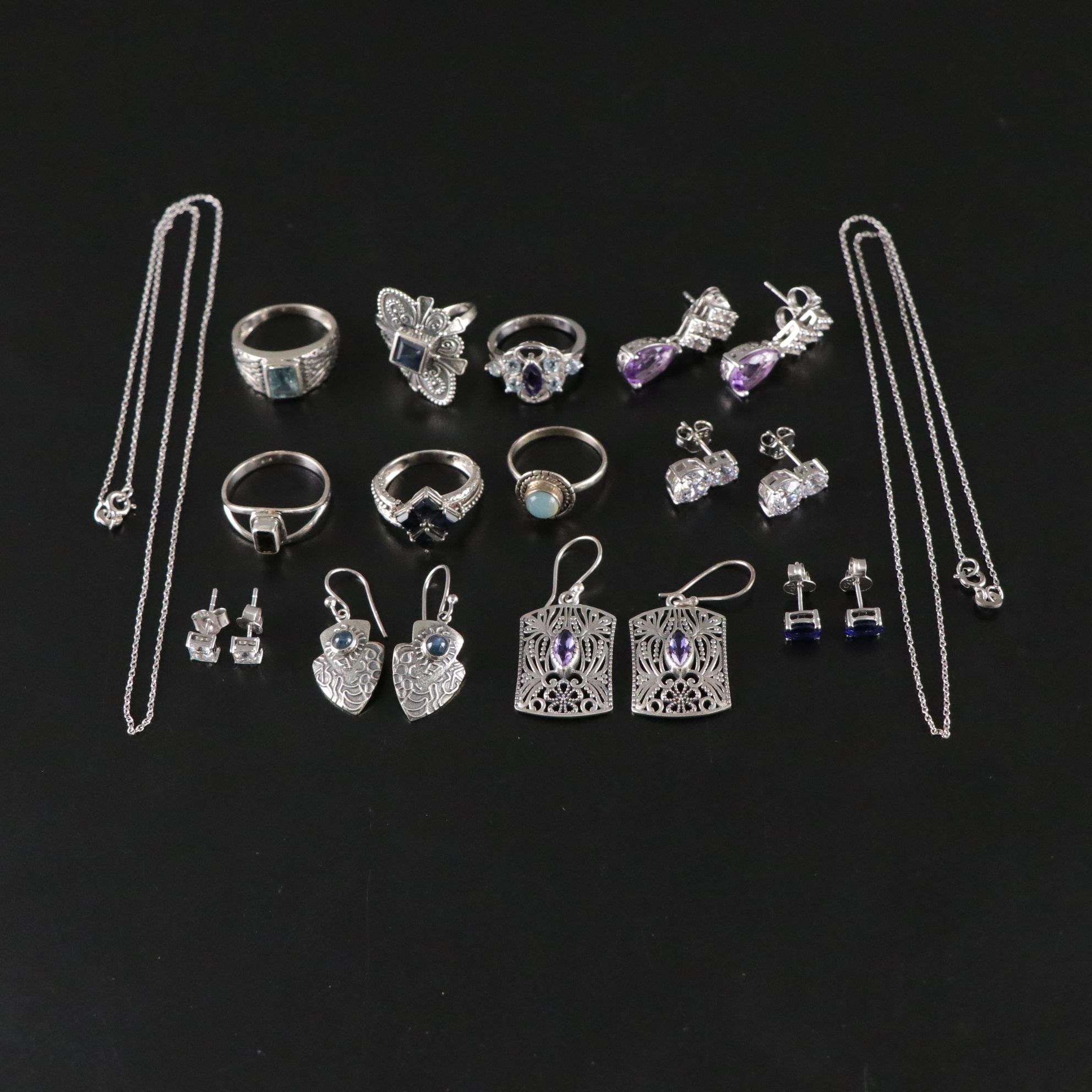 14 Assorted Sterling Silver Rings, Necklaces and Earrings