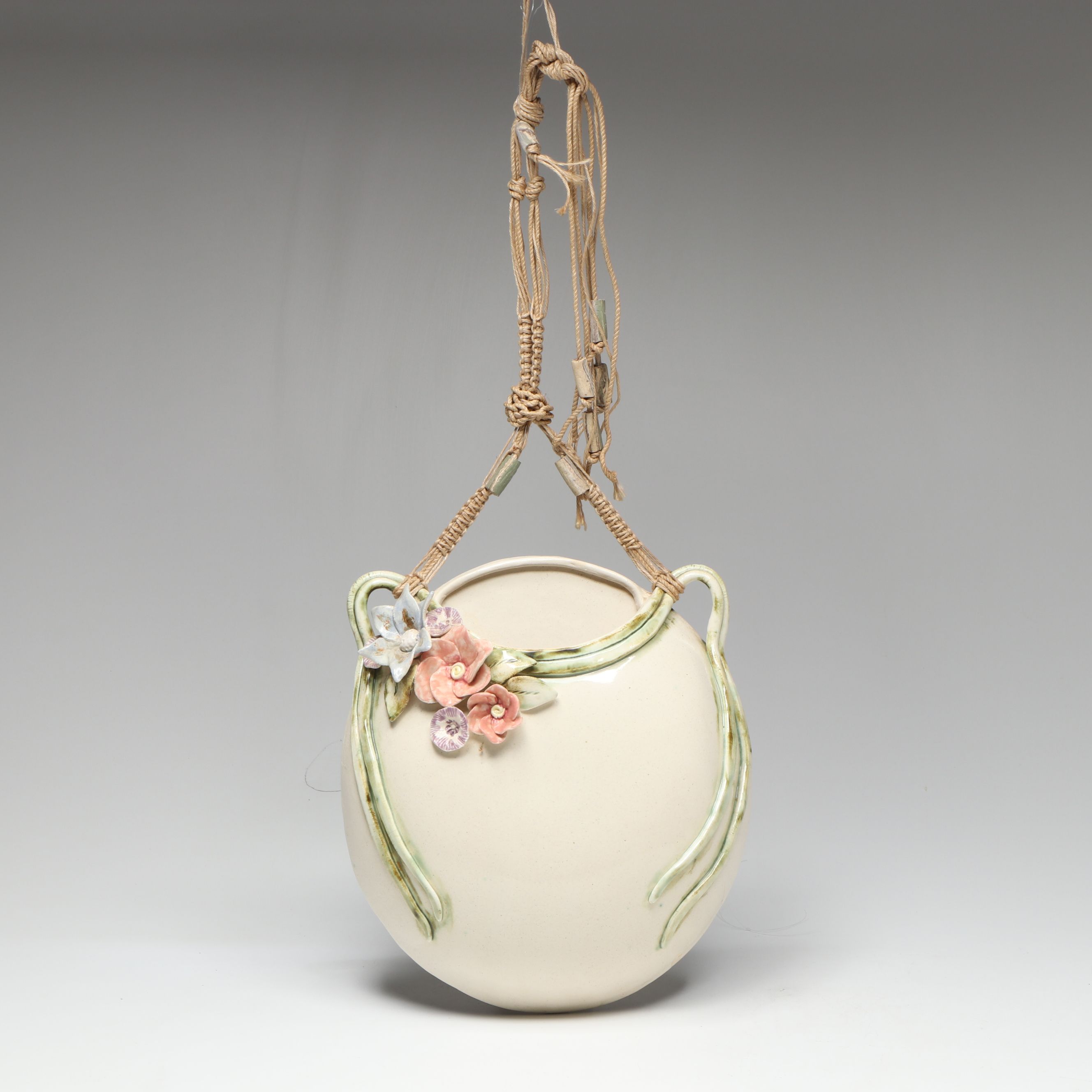 Artist Signed Ceramic Floral Hanging Planter