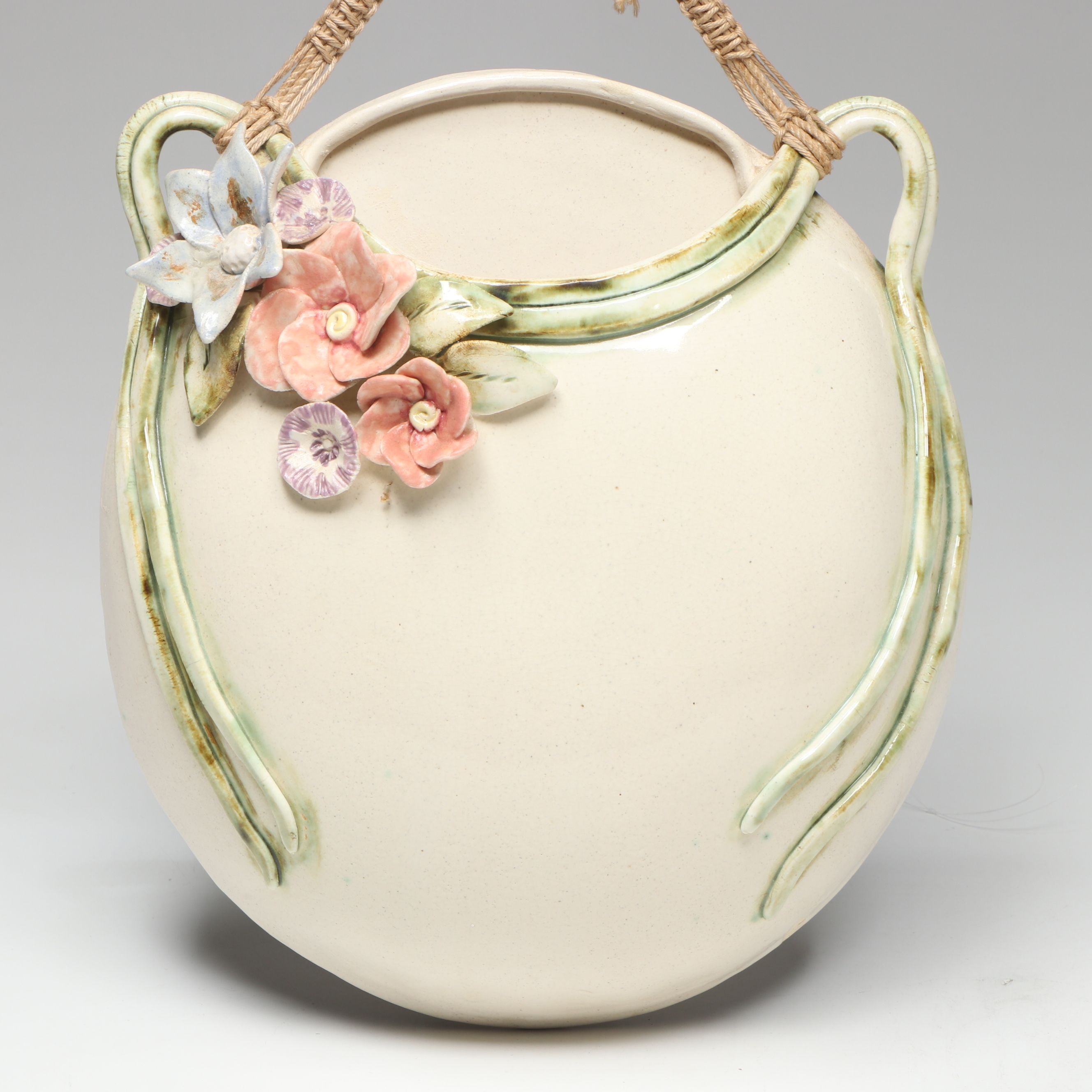Artist Signed Ceramic Floral Hanging Planter