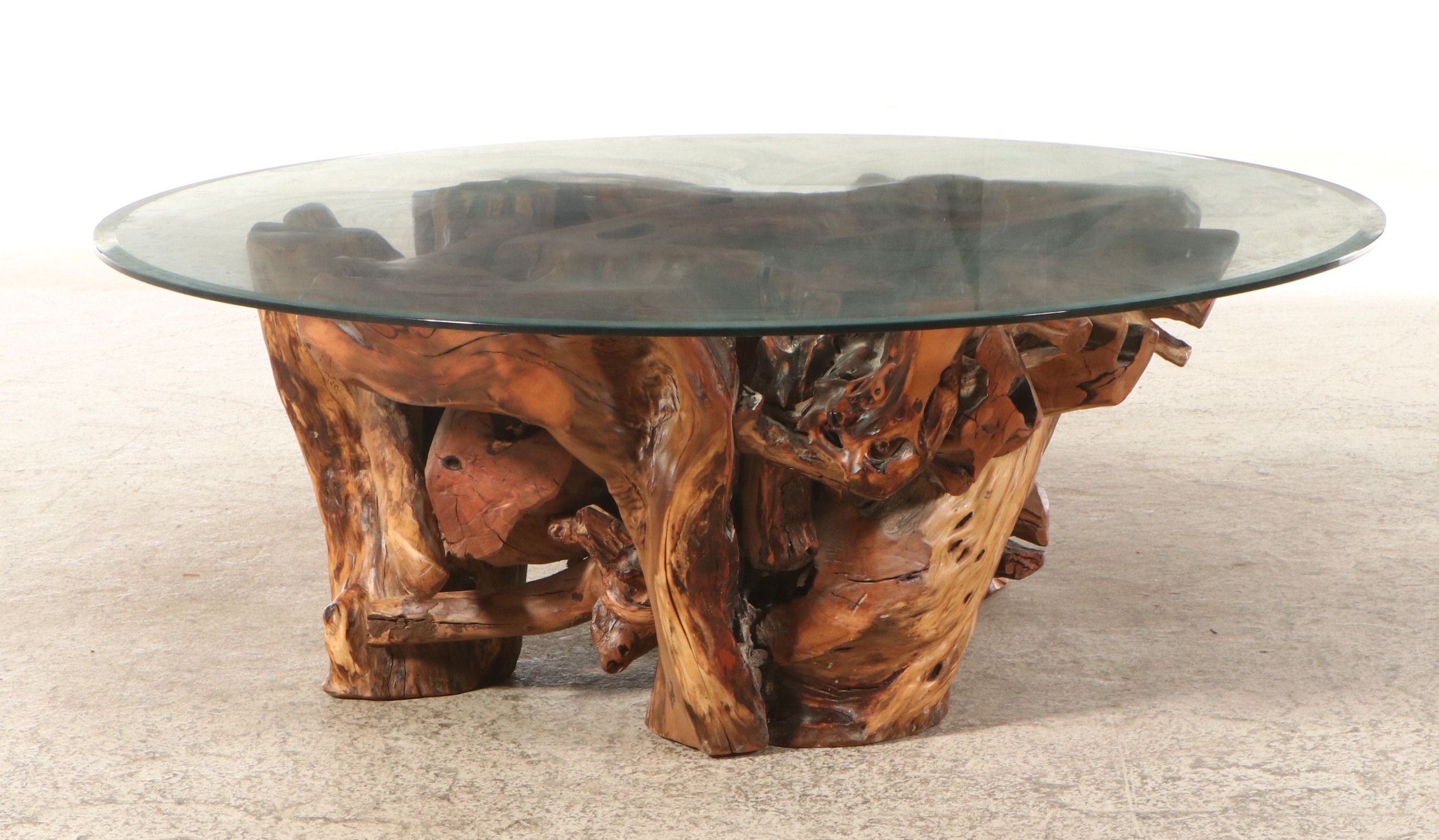 Teak Wood Root Ball Glass Top Coffee Table, Contemporary
