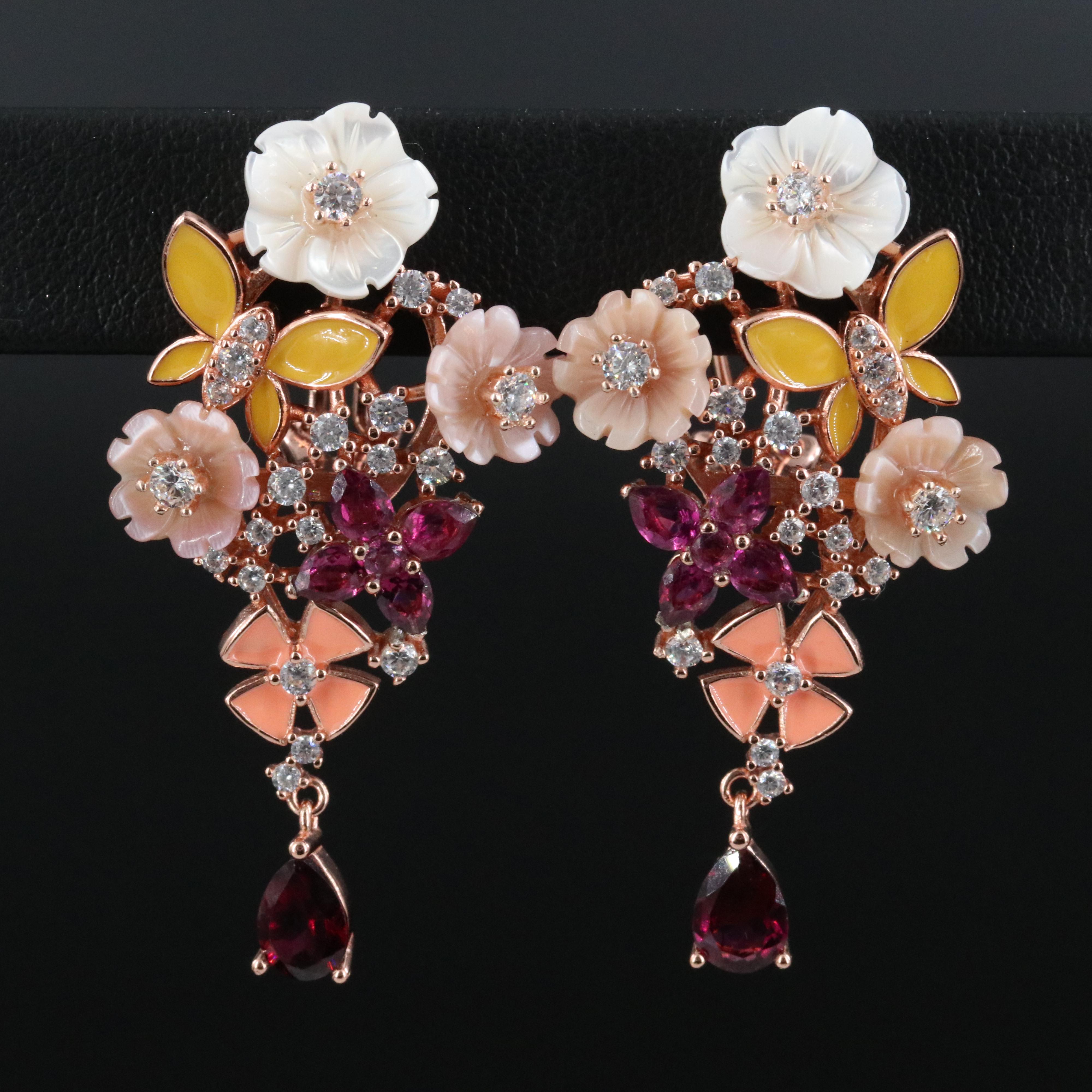 Sterling Gemstone Floral and Butterfly Cluster Earrings