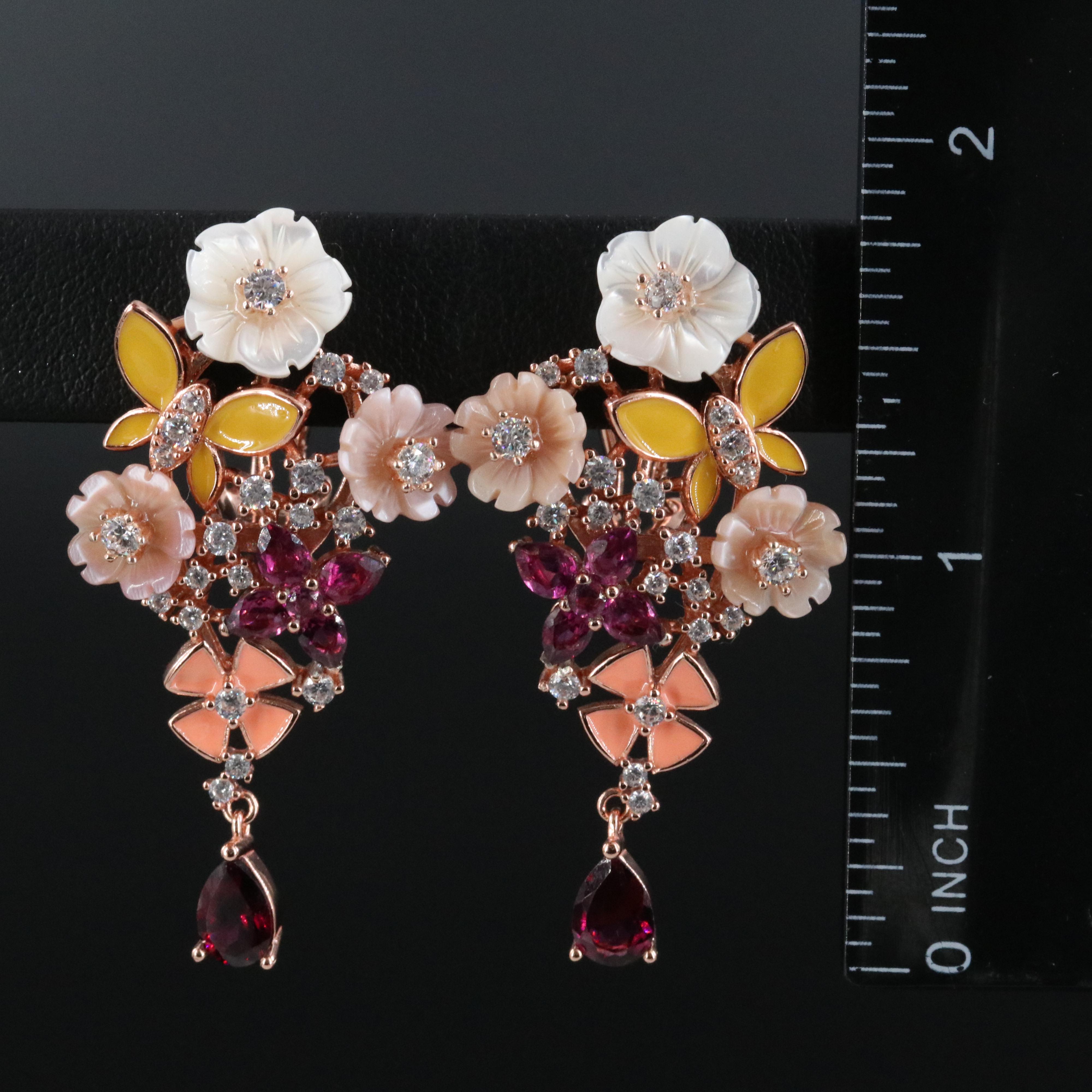 Sterling Gemstone Floral and Butterfly Cluster Earrings