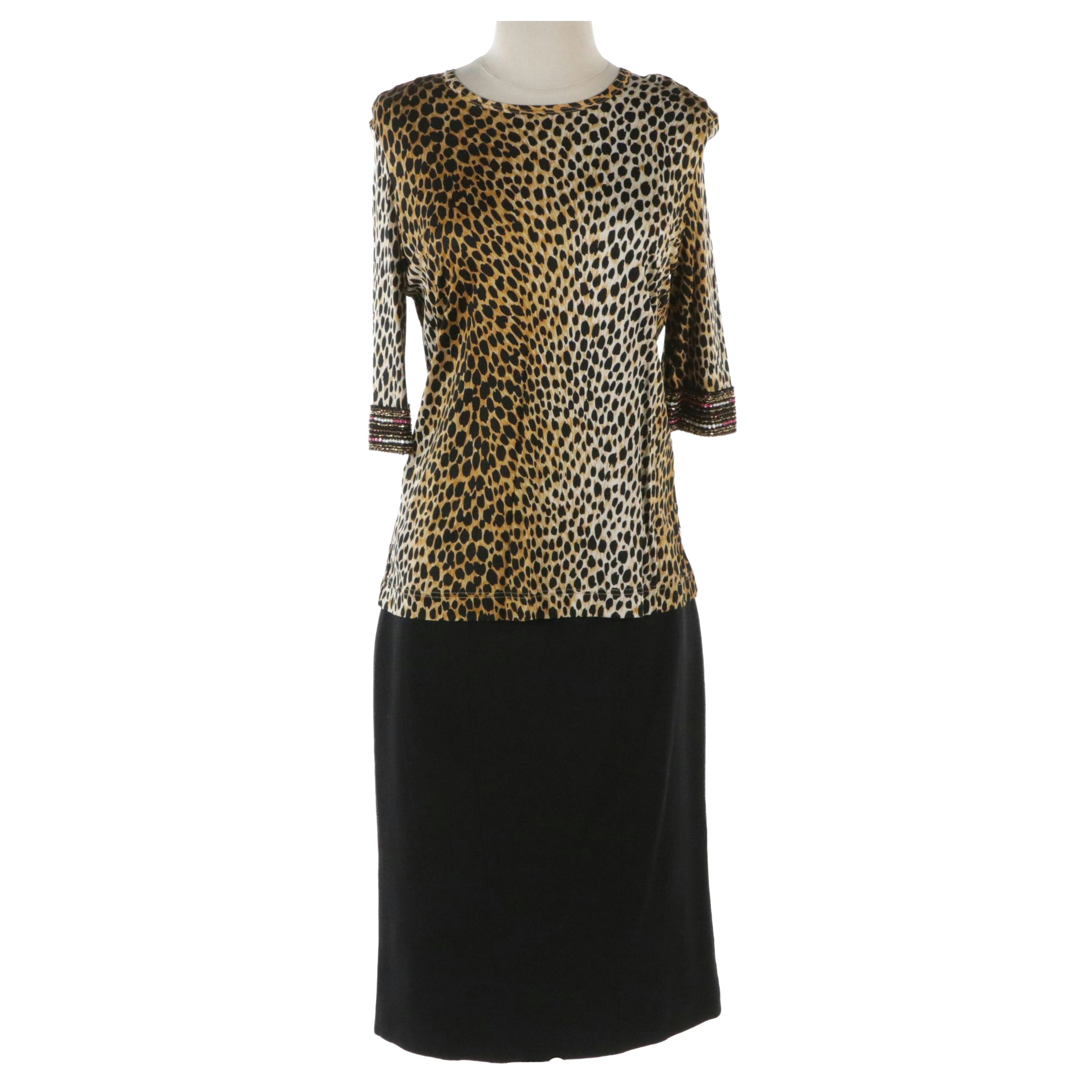 Dolce & Gabbana Black Wool Blend Pencil Skirt with Cheetah Printed Blouse