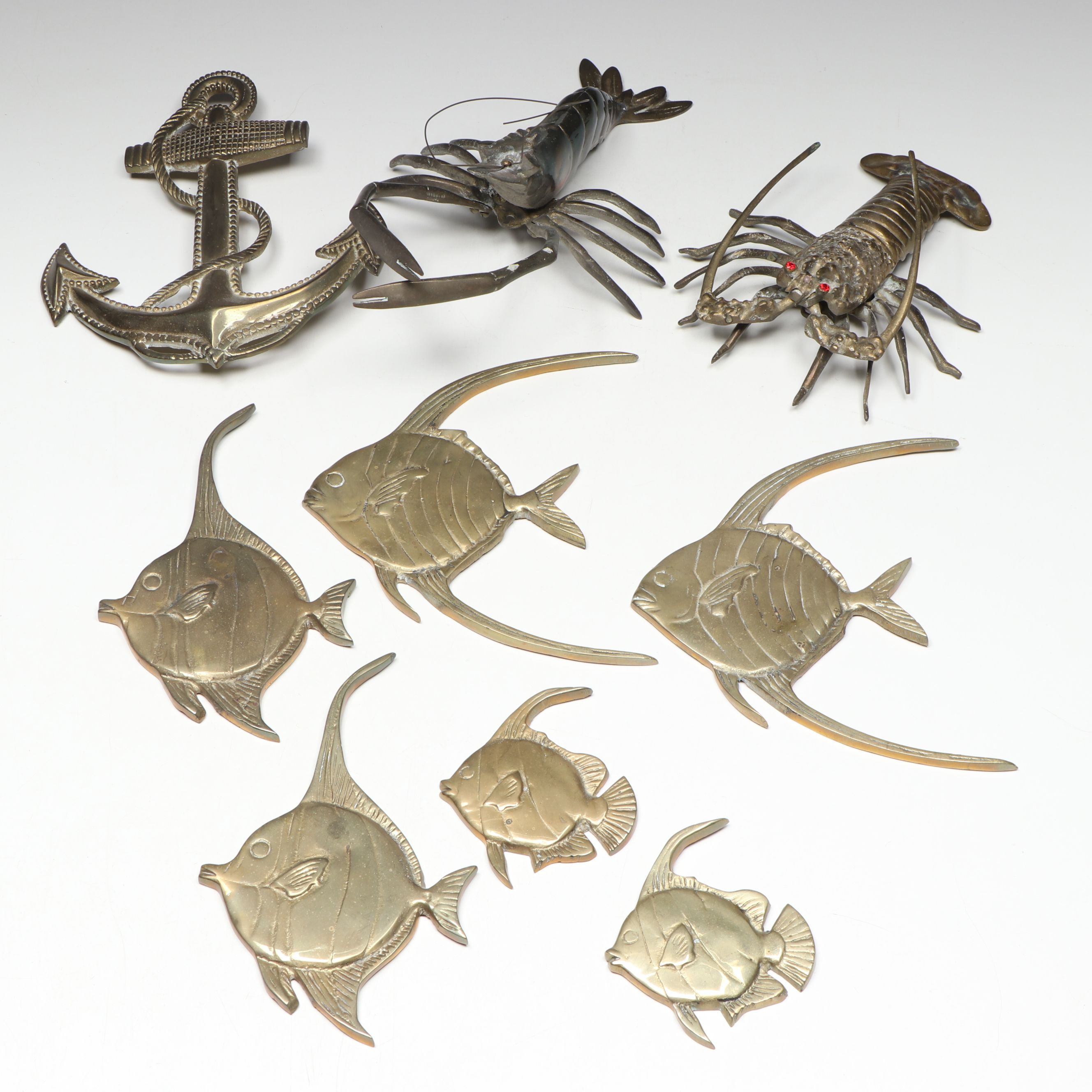 Brass Jeweled Lobster Figure with Anchor and More Brass Décor