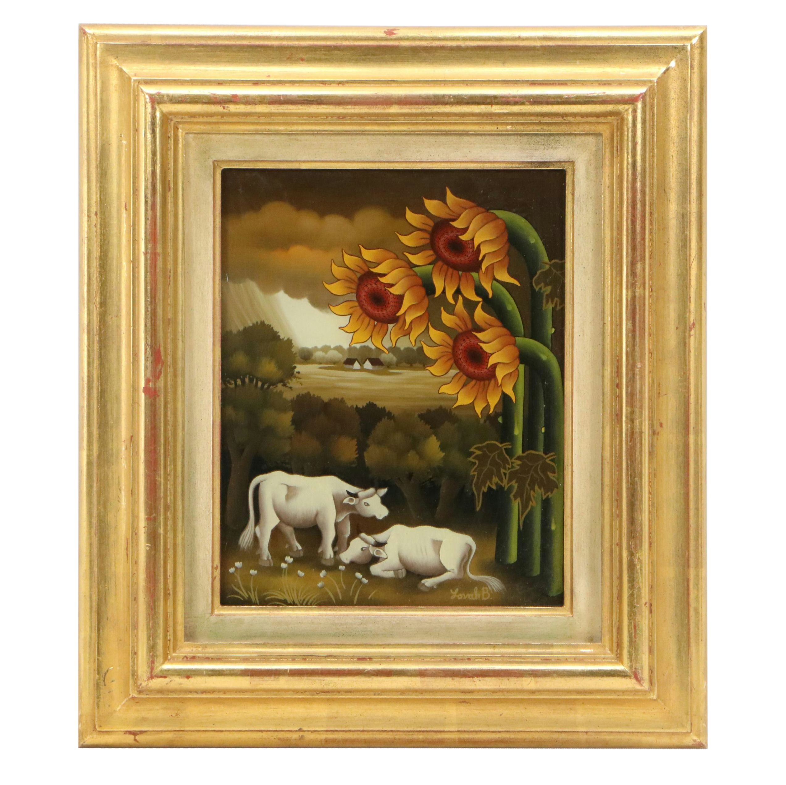 Branko Lovak Folk Art Style Reverse-Glass Painting of Cows and Sunflowers, 1970s