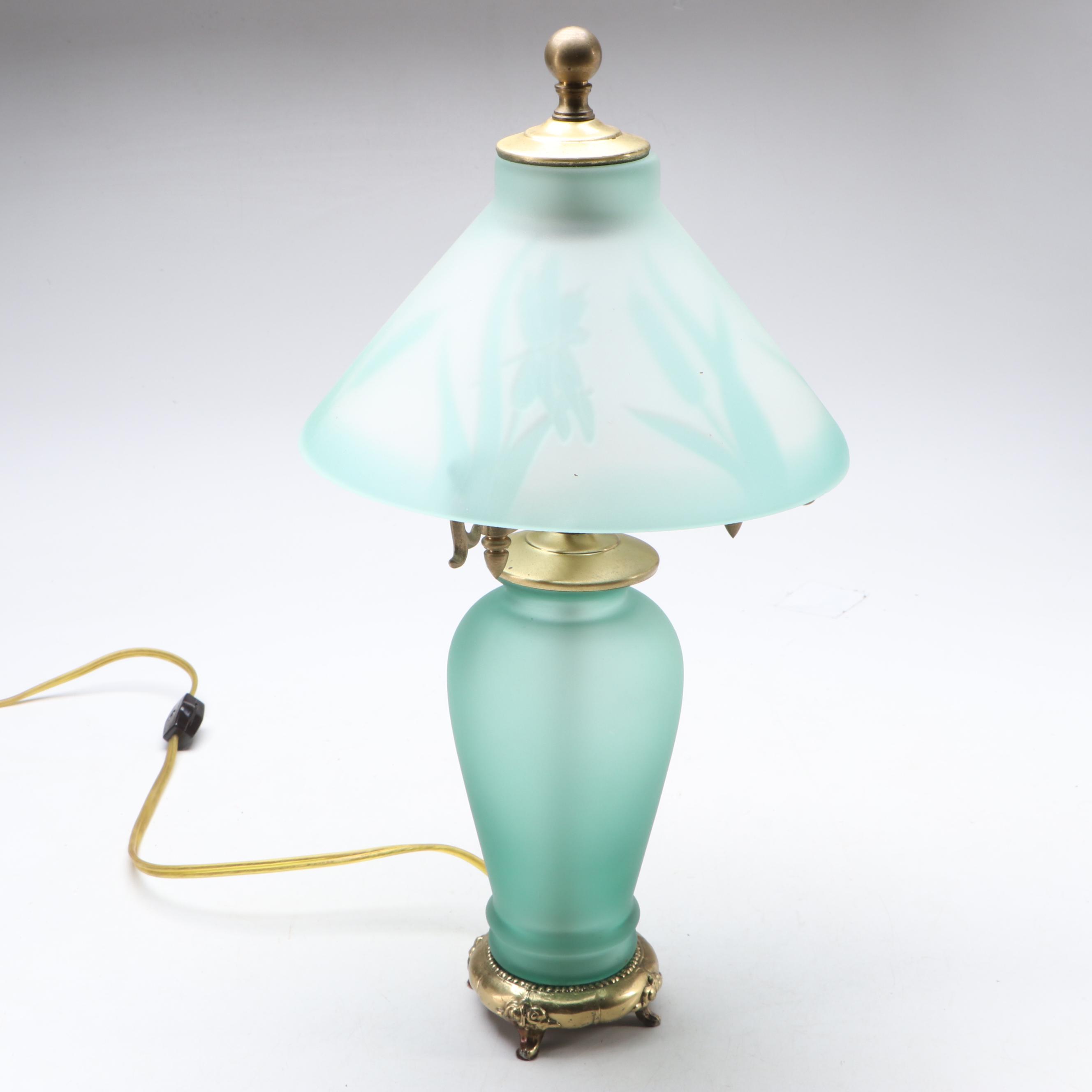 Green Glass and Brass Parlor Accent Lamp