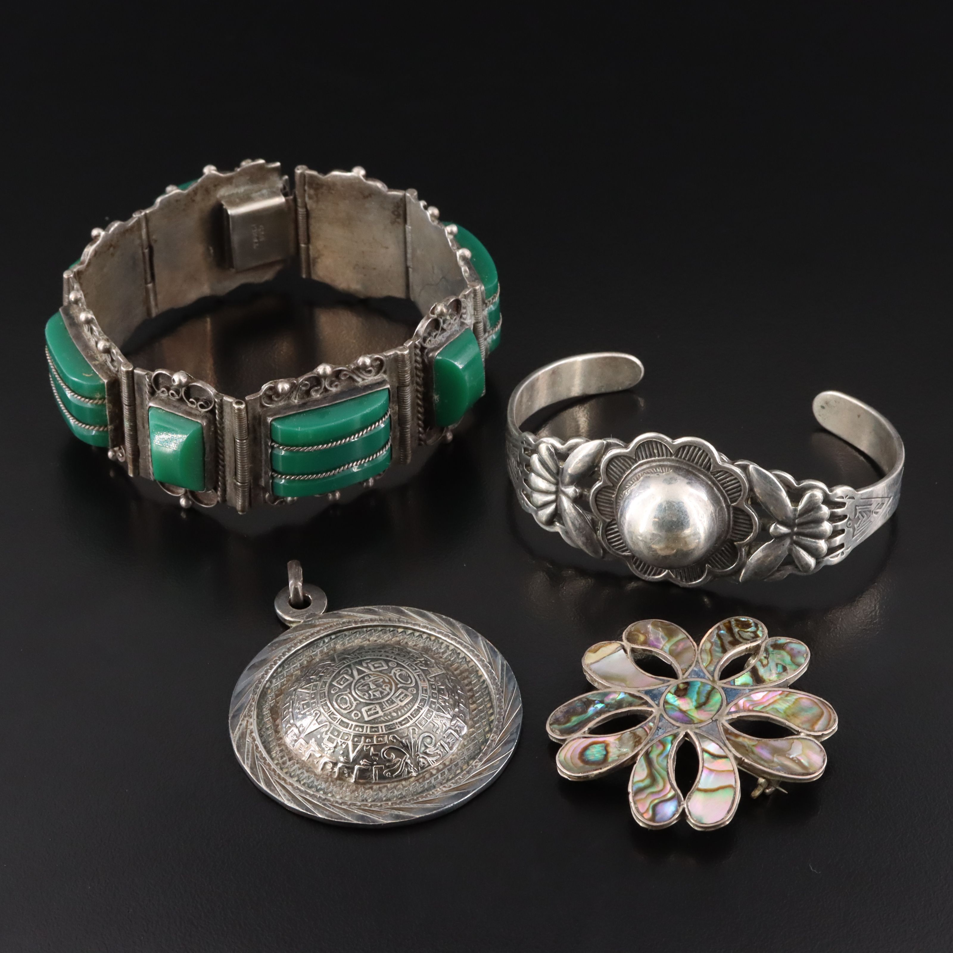 Mexican Sterling Jewelry Collection Including Chalcedony and Abalone