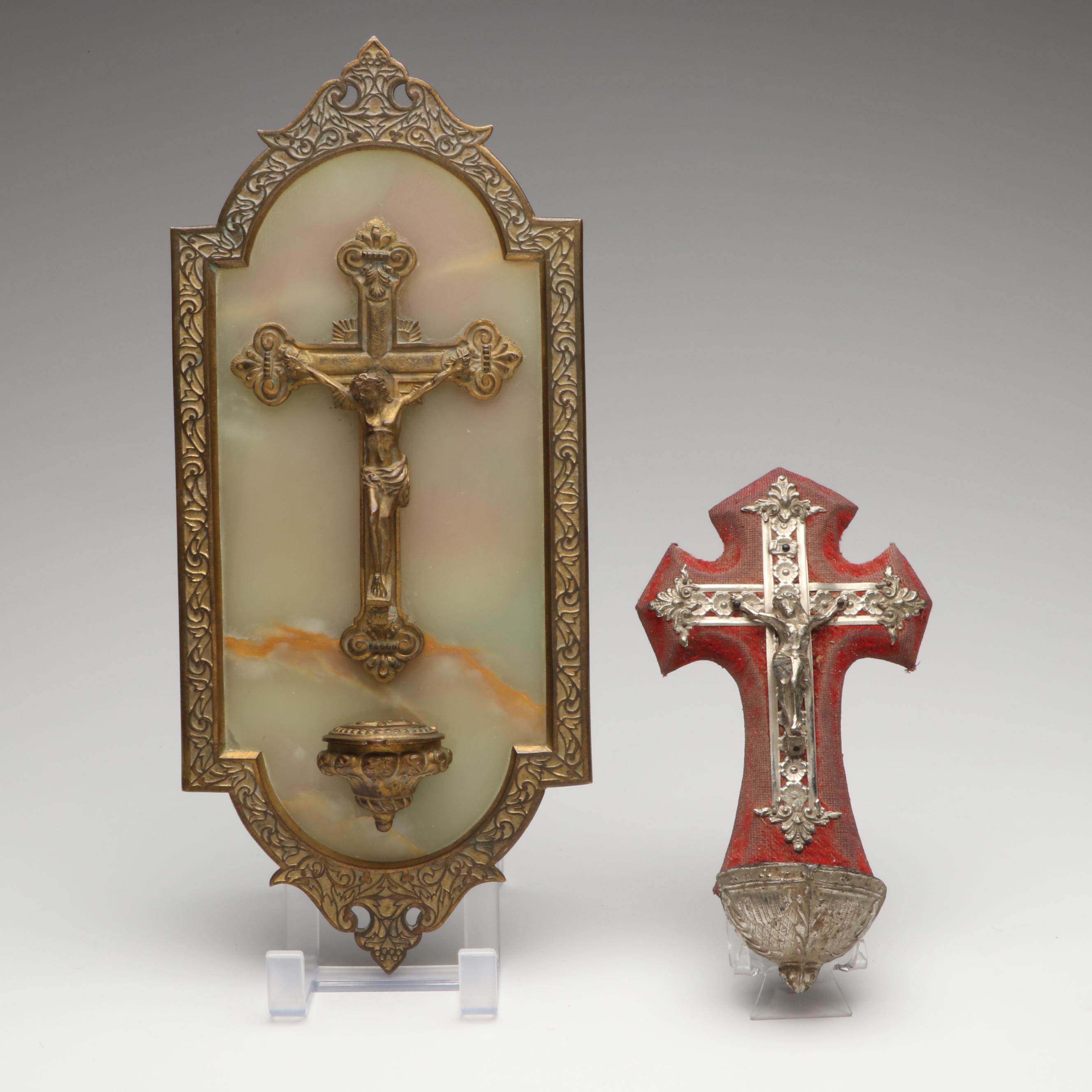 French Brass and Calcite Marble with Other Crucifix Holy Water Fonts