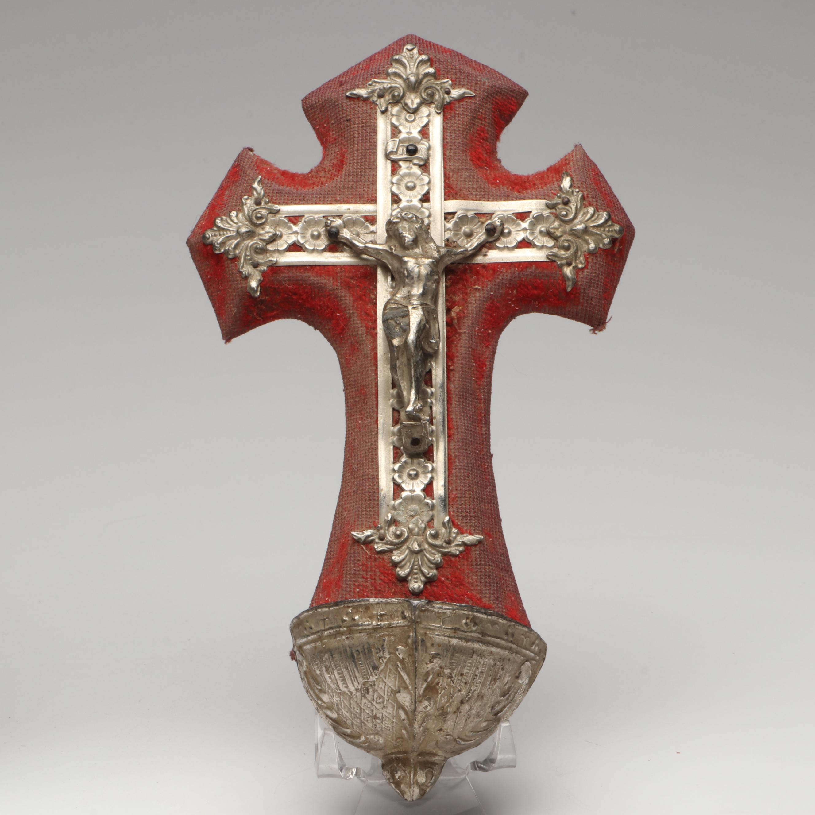 French Brass and Calcite Marble with Other Crucifix Holy Water Fonts