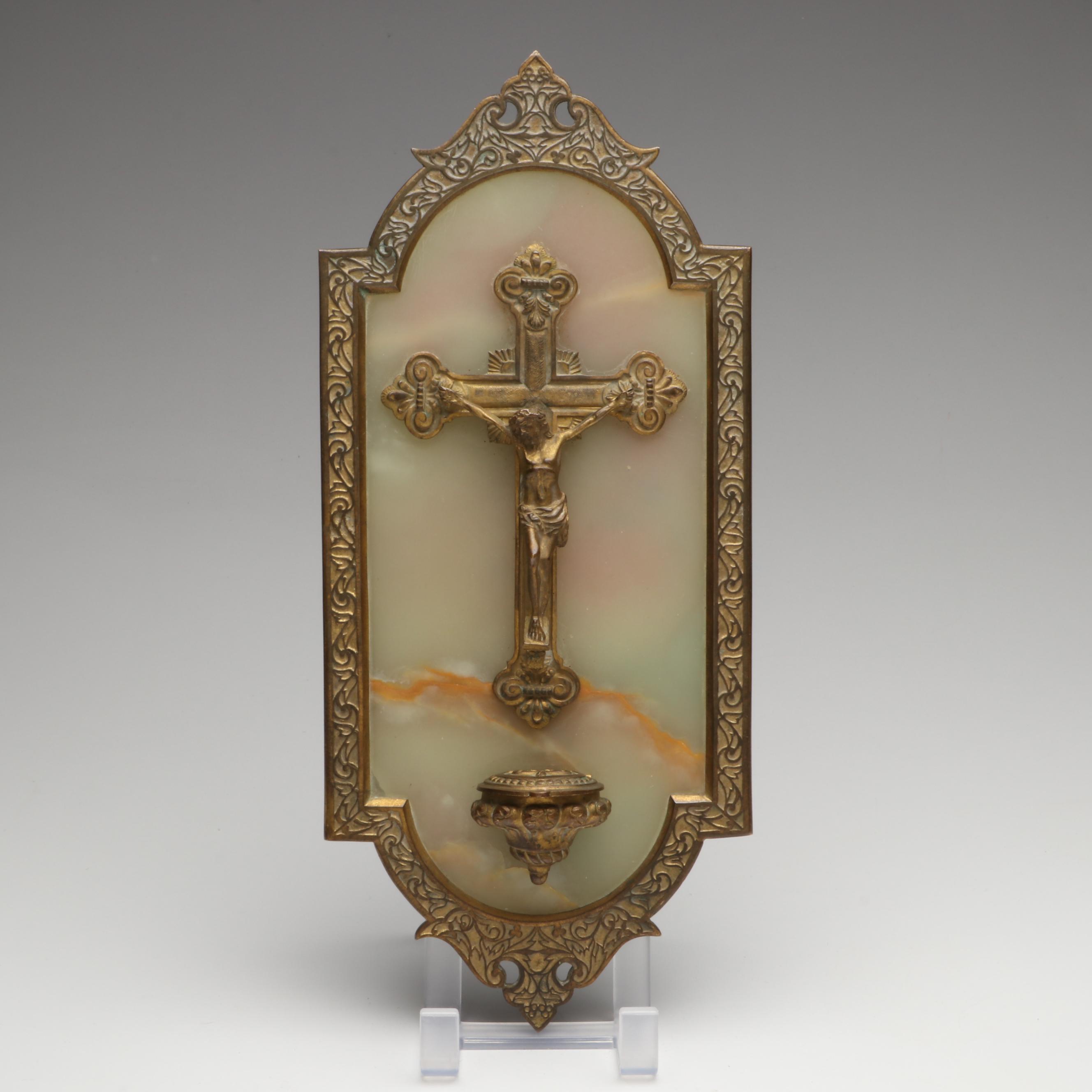 French Brass and Calcite Marble with Other Crucifix Holy Water Fonts