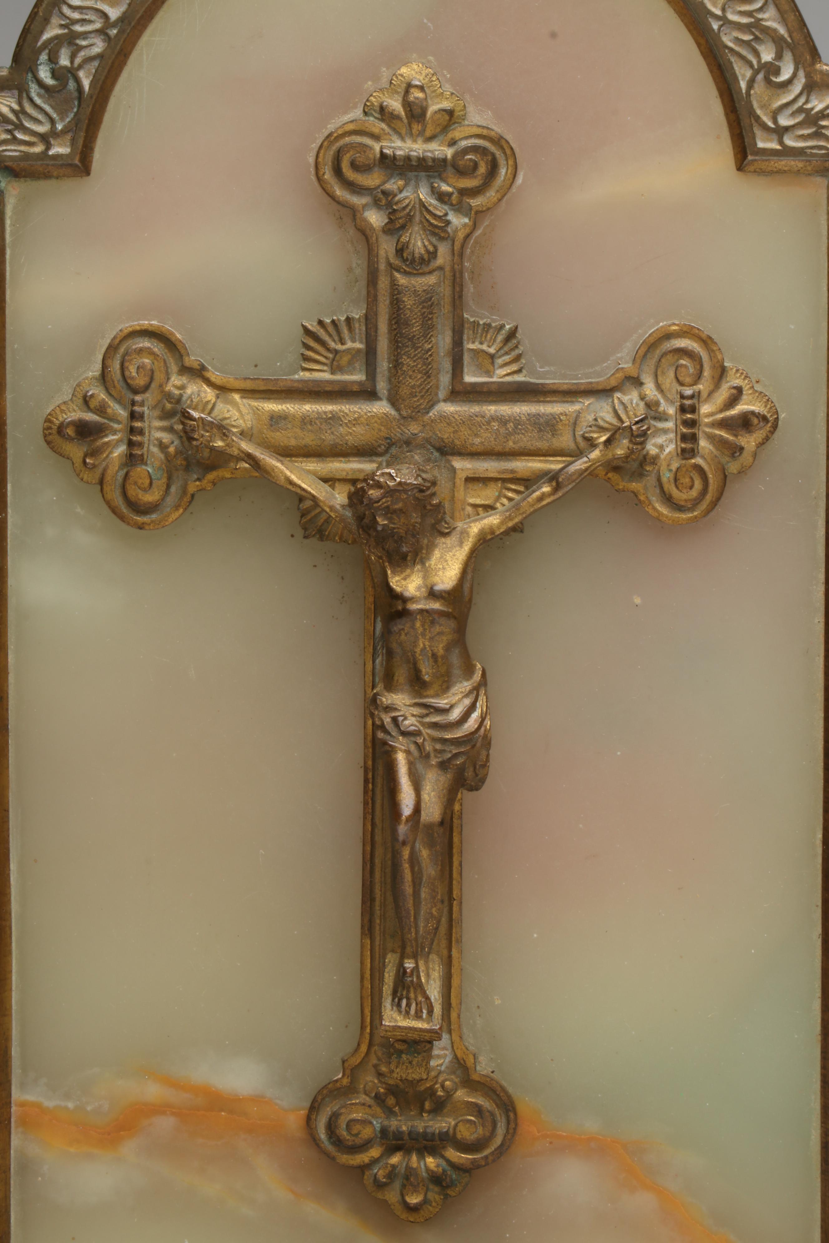 French Brass and Calcite Marble with Other Crucifix Holy Water Fonts