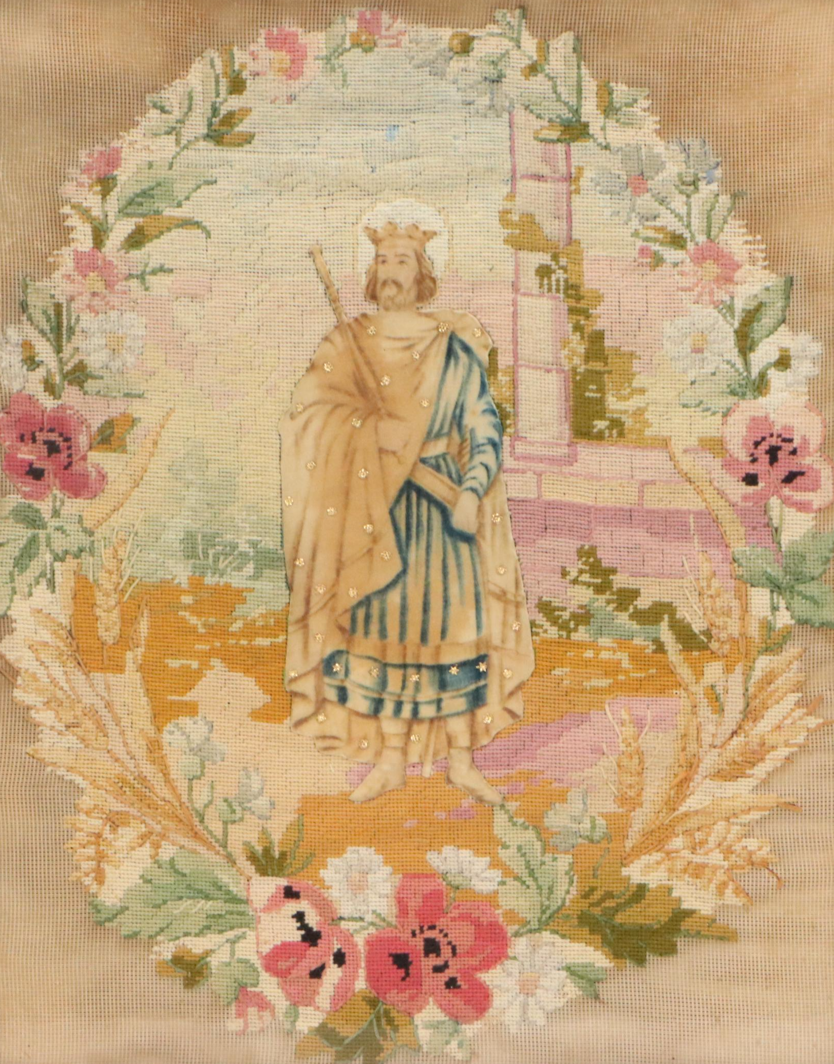 French Needlepoint Embroidery with Crowned King, 19th Century