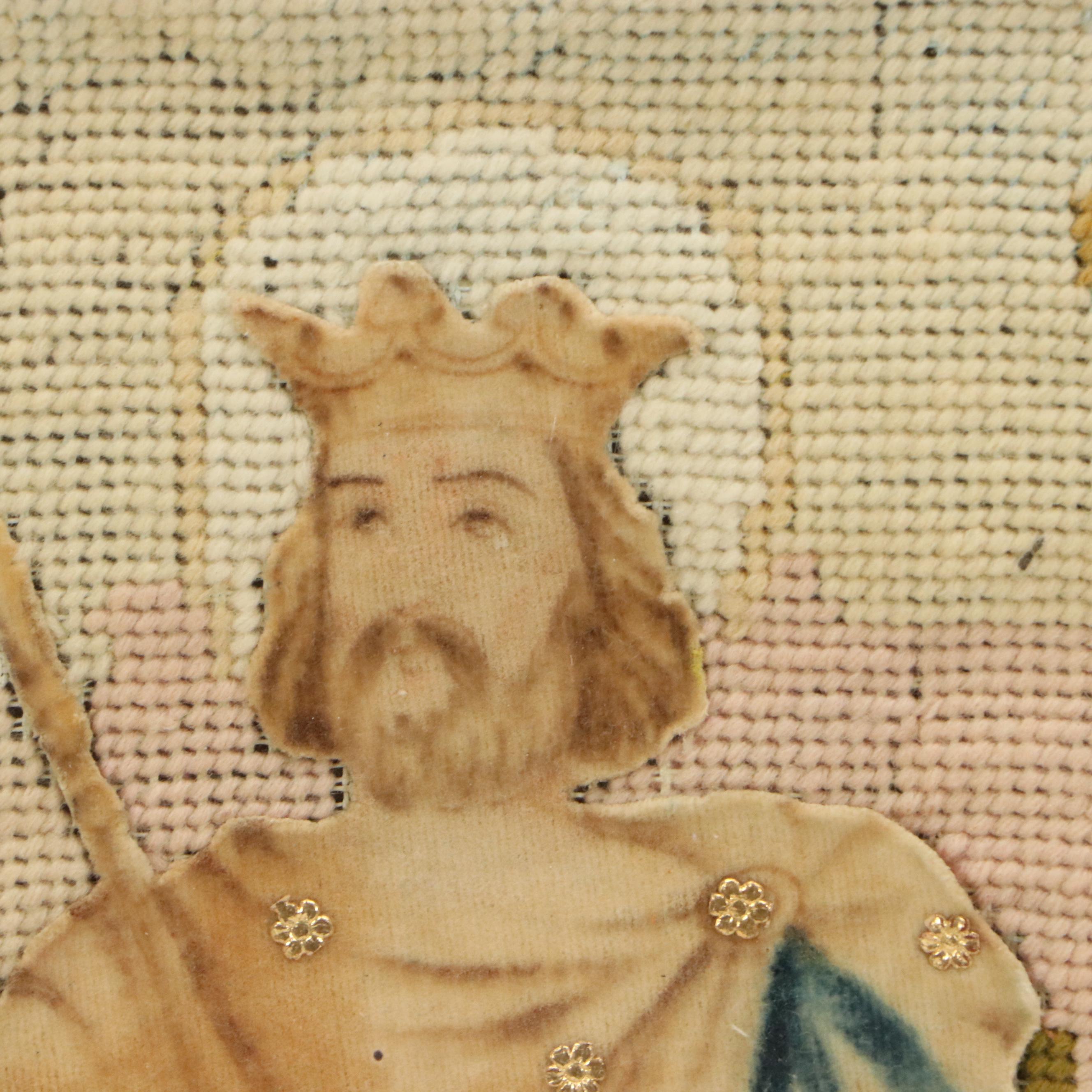 French Needlepoint Embroidery with Crowned King, 19th Century