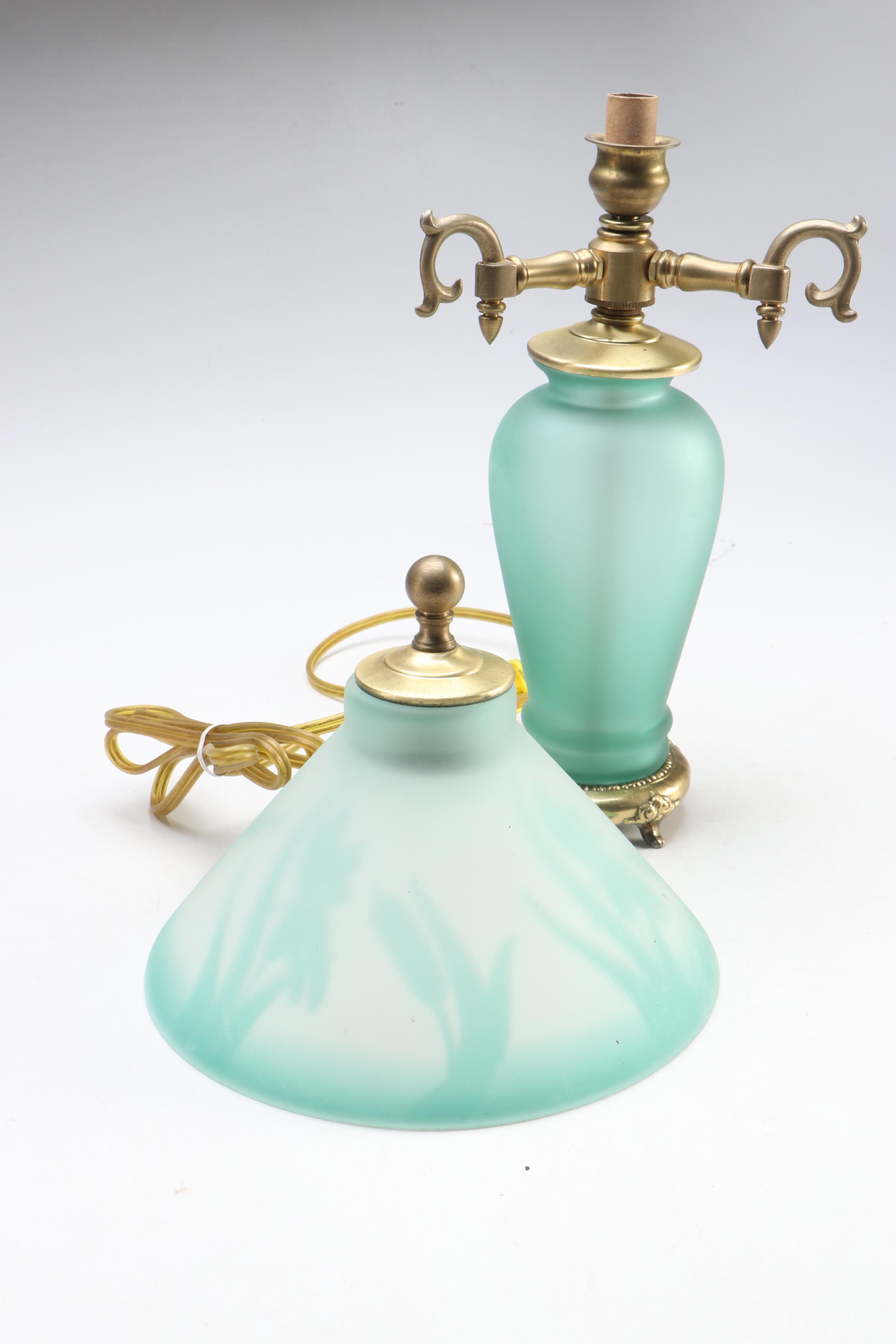 Green Glass and Brass Parlor Accent Lamp