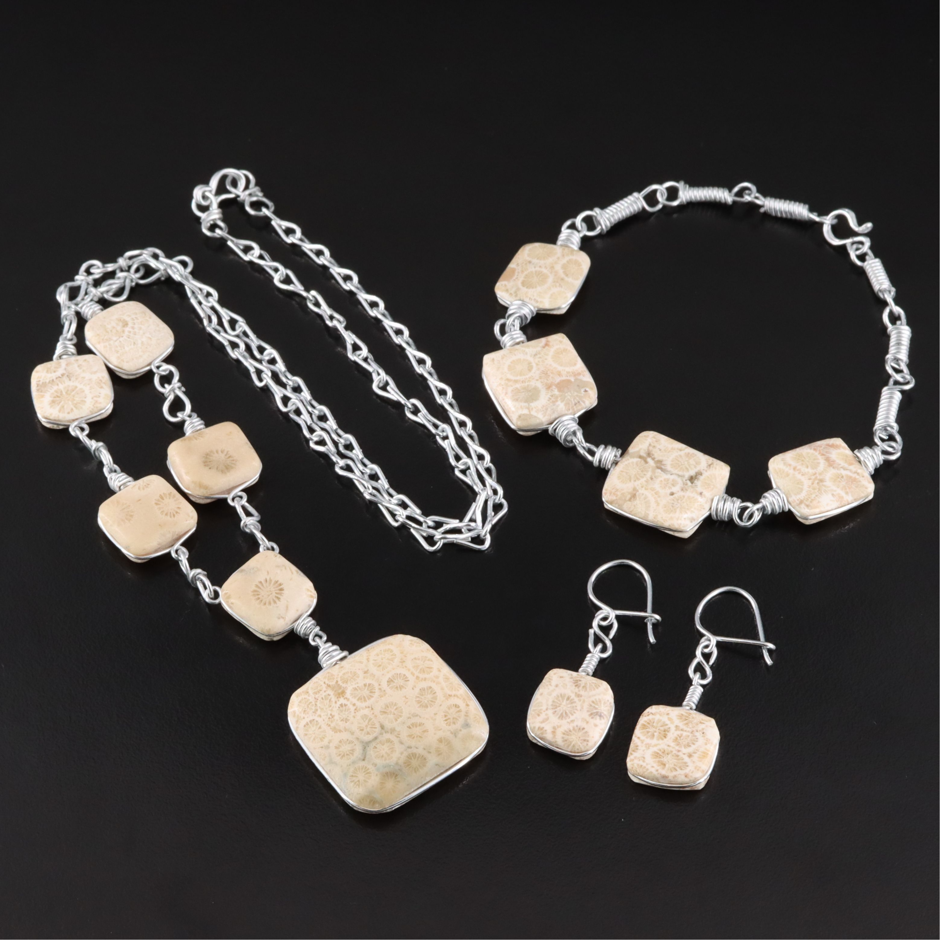 Wire Wrapped Fossilized Coral Necklace, Bracelet and Earrings Set