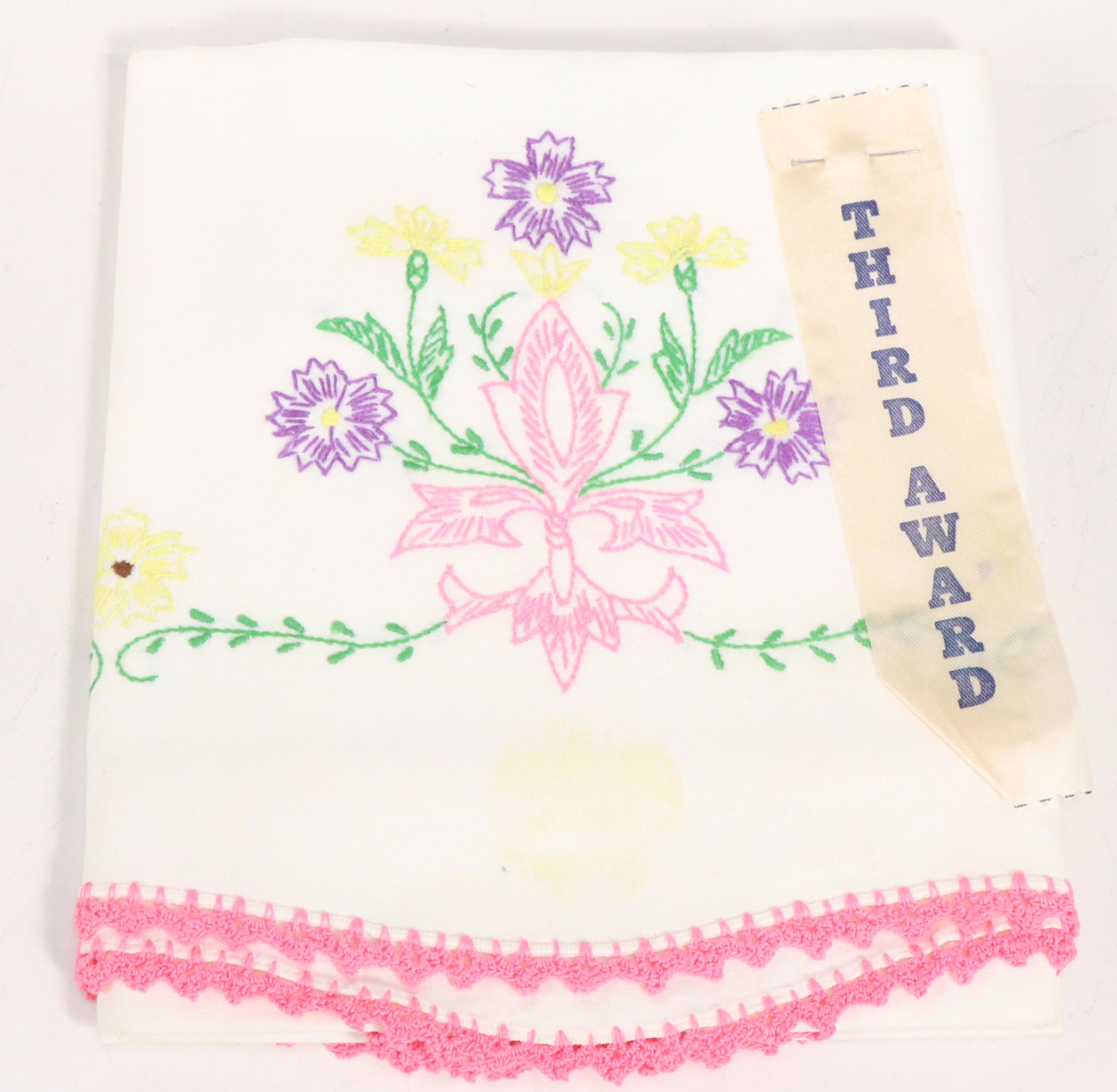 Lindstrom Toy Sewing Machine with Hand-Embroidered Pillowcases and Other Linens