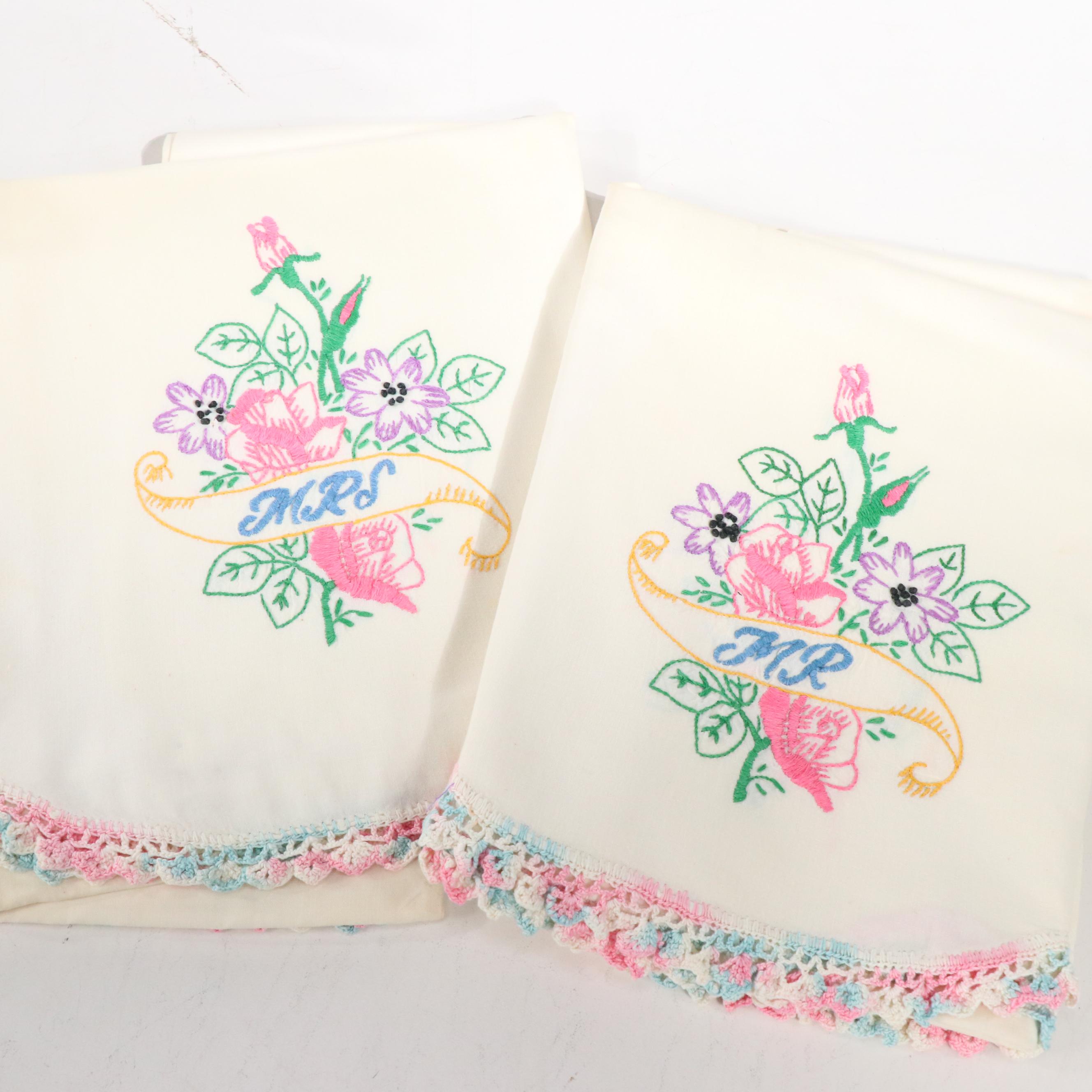 Lindstrom Toy Sewing Machine with Hand-Embroidered Pillowcases and Other Linens