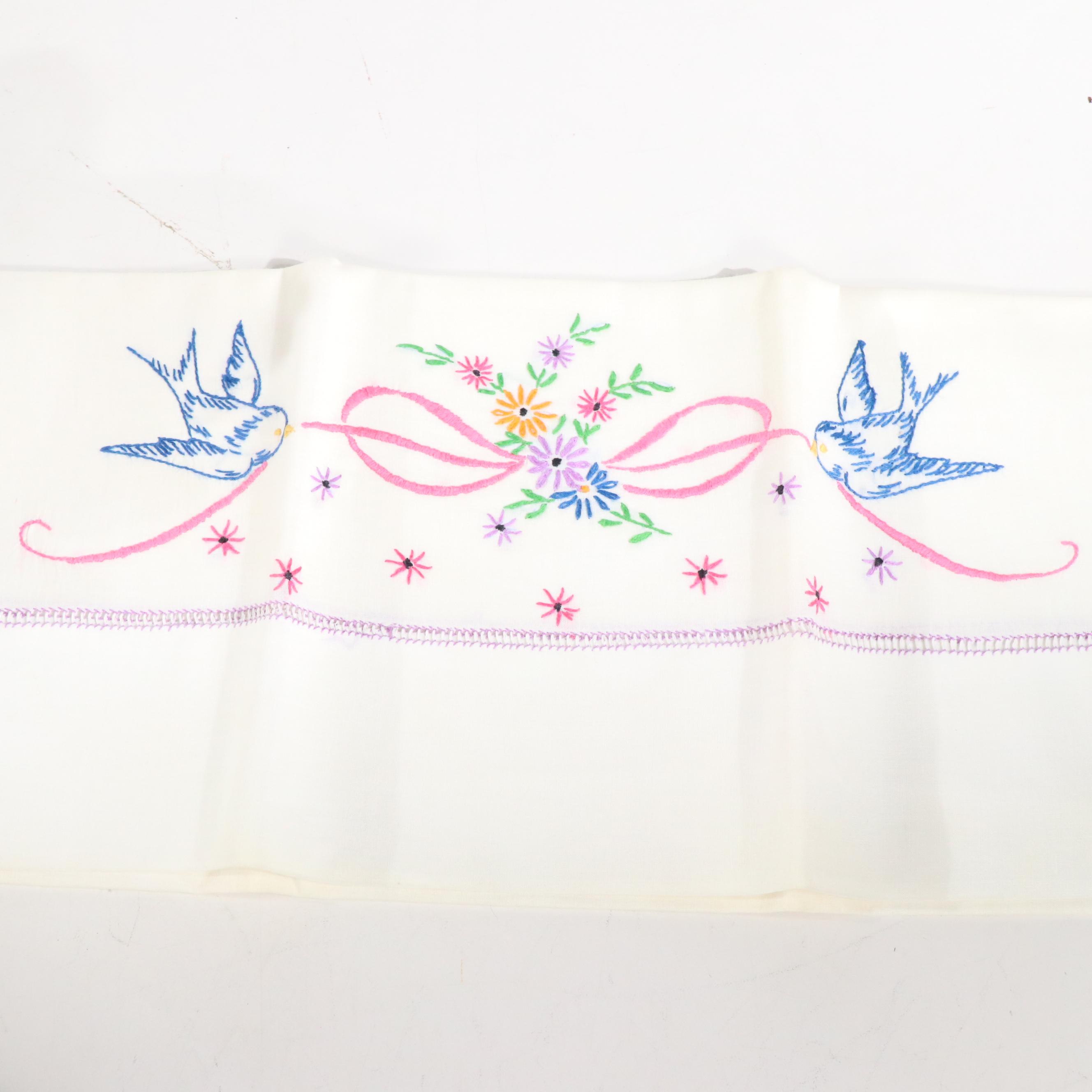 Lindstrom Toy Sewing Machine with Hand-Embroidered Pillowcases and Other Linens