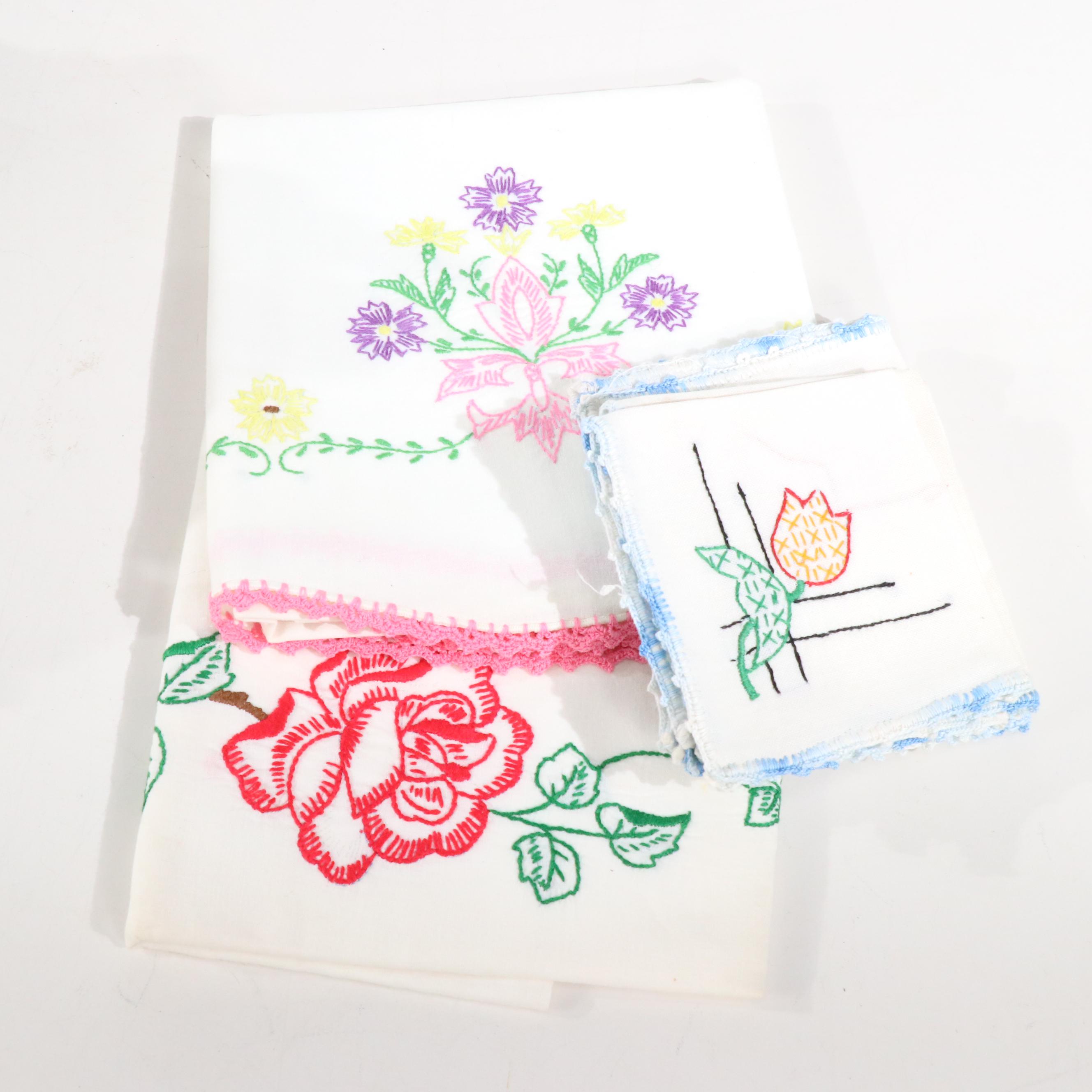 Lindstrom Toy Sewing Machine with Hand-Embroidered Pillowcases and Other Linens