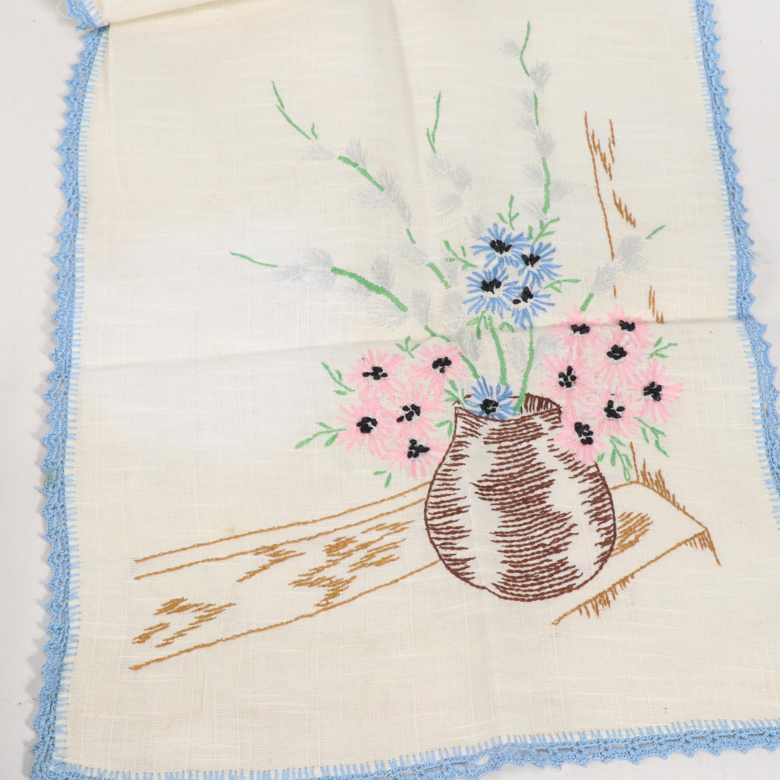 Lindstrom Toy Sewing Machine with Hand-Embroidered Pillowcases and Other Linens