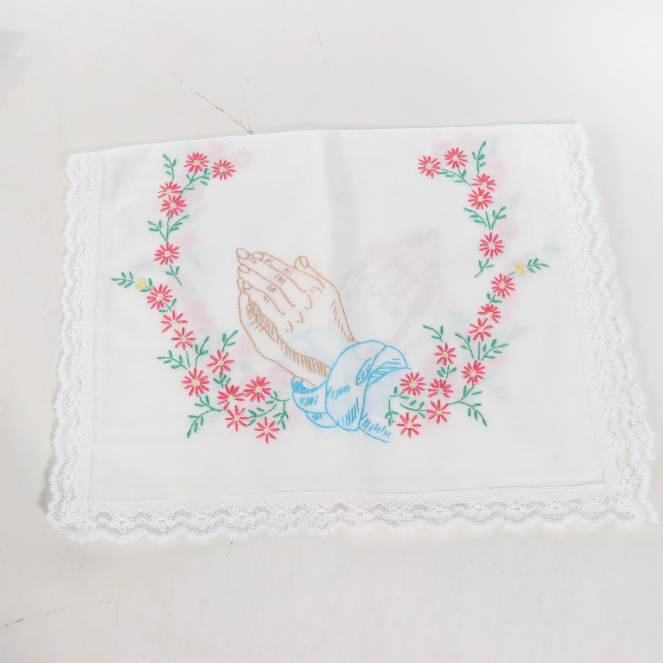 Lindstrom Toy Sewing Machine with Hand-Embroidered Pillowcases and Other Linens