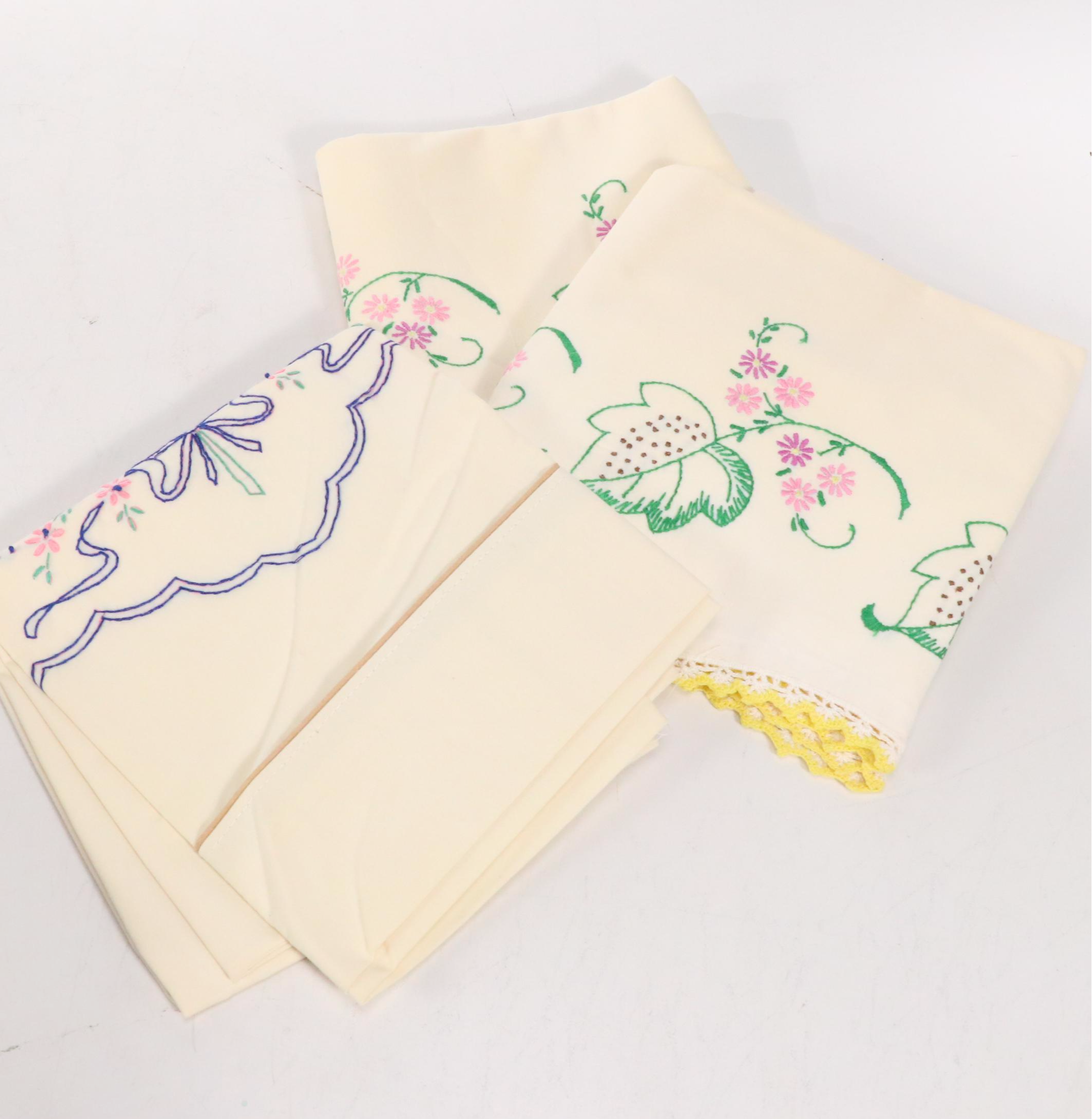 Lindstrom Toy Sewing Machine with Hand-Embroidered Pillowcases and Other Linens