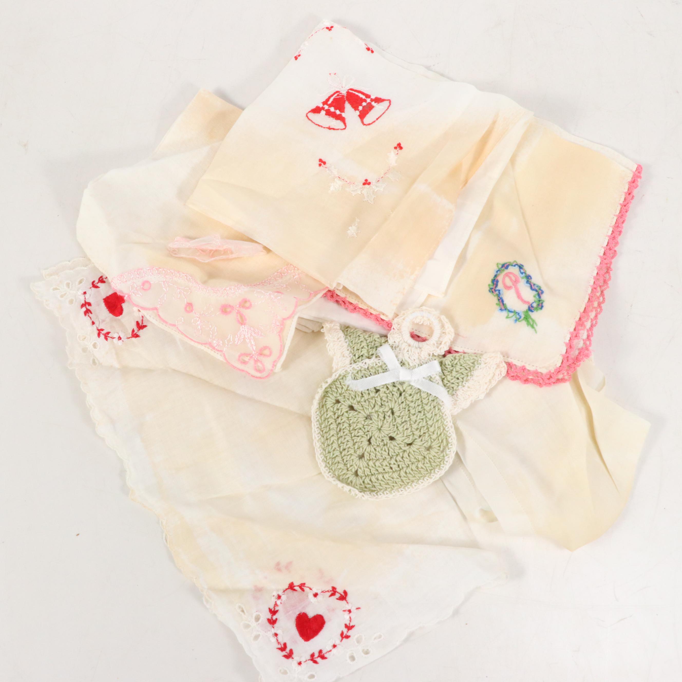 Lindstrom Toy Sewing Machine with Hand-Embroidered Pillowcases and Other Linens