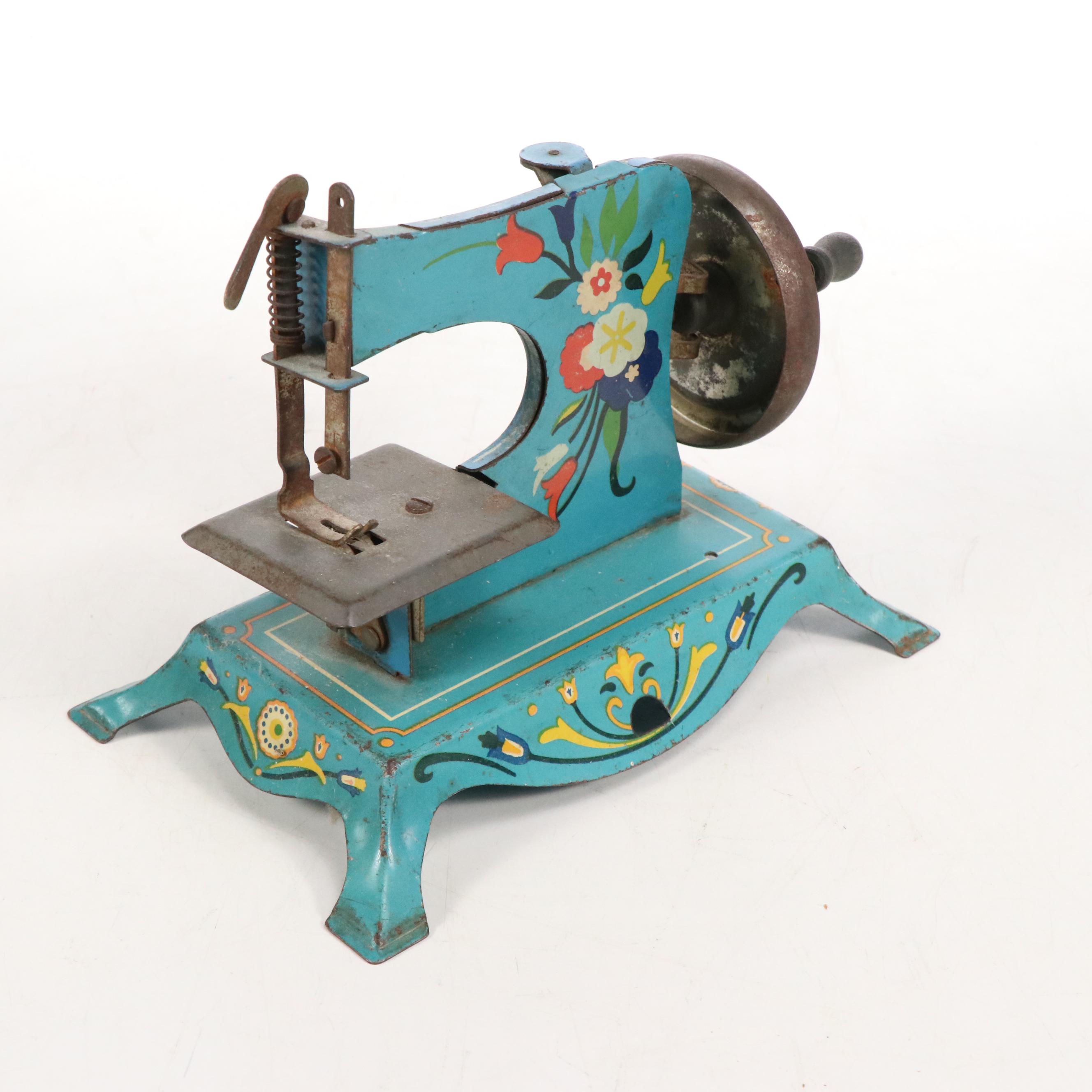 Lindstrom Toy Sewing Machine with Hand-Embroidered Pillowcases and Other Linens