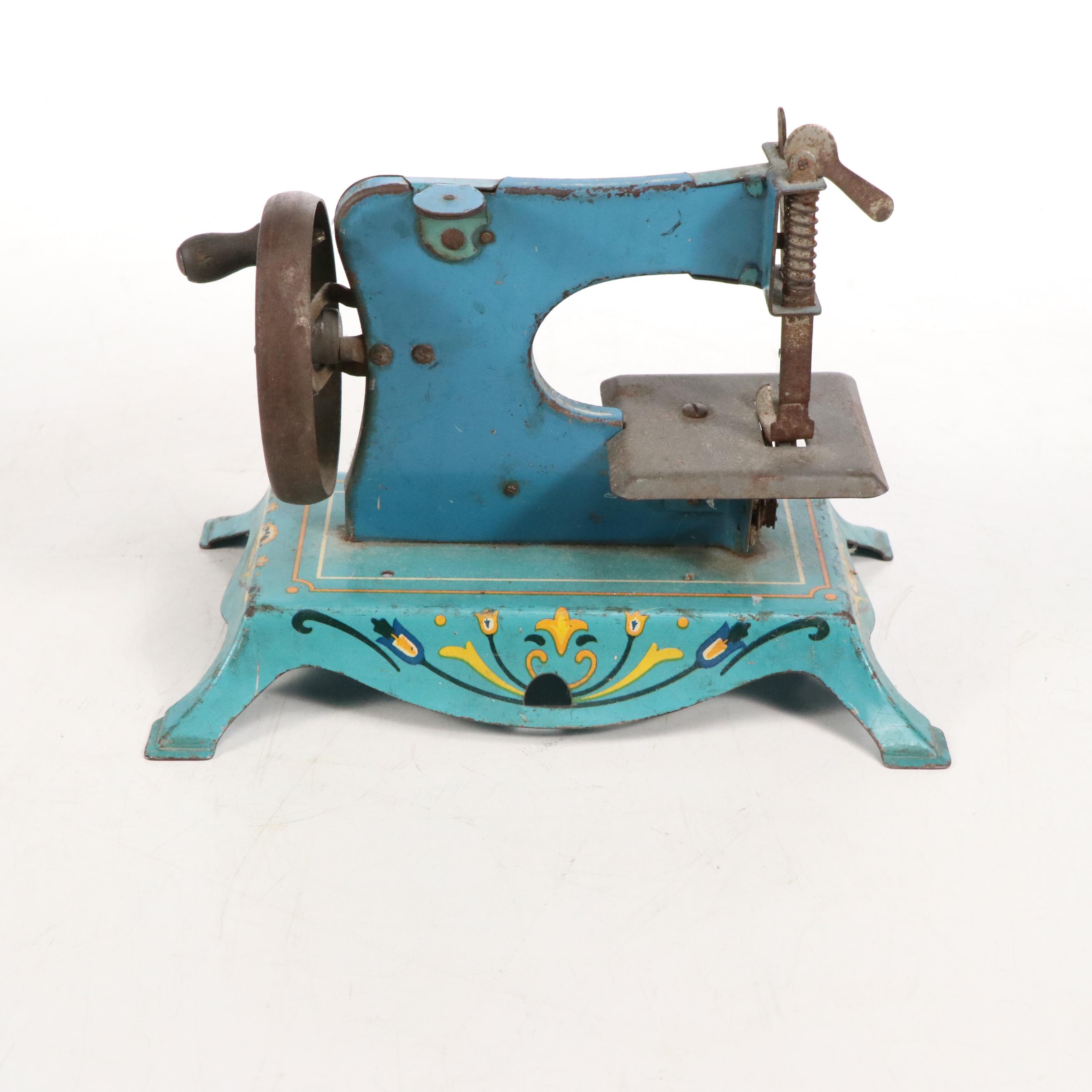 Lindstrom Toy Sewing Machine with Hand-Embroidered Pillowcases and Other Linens