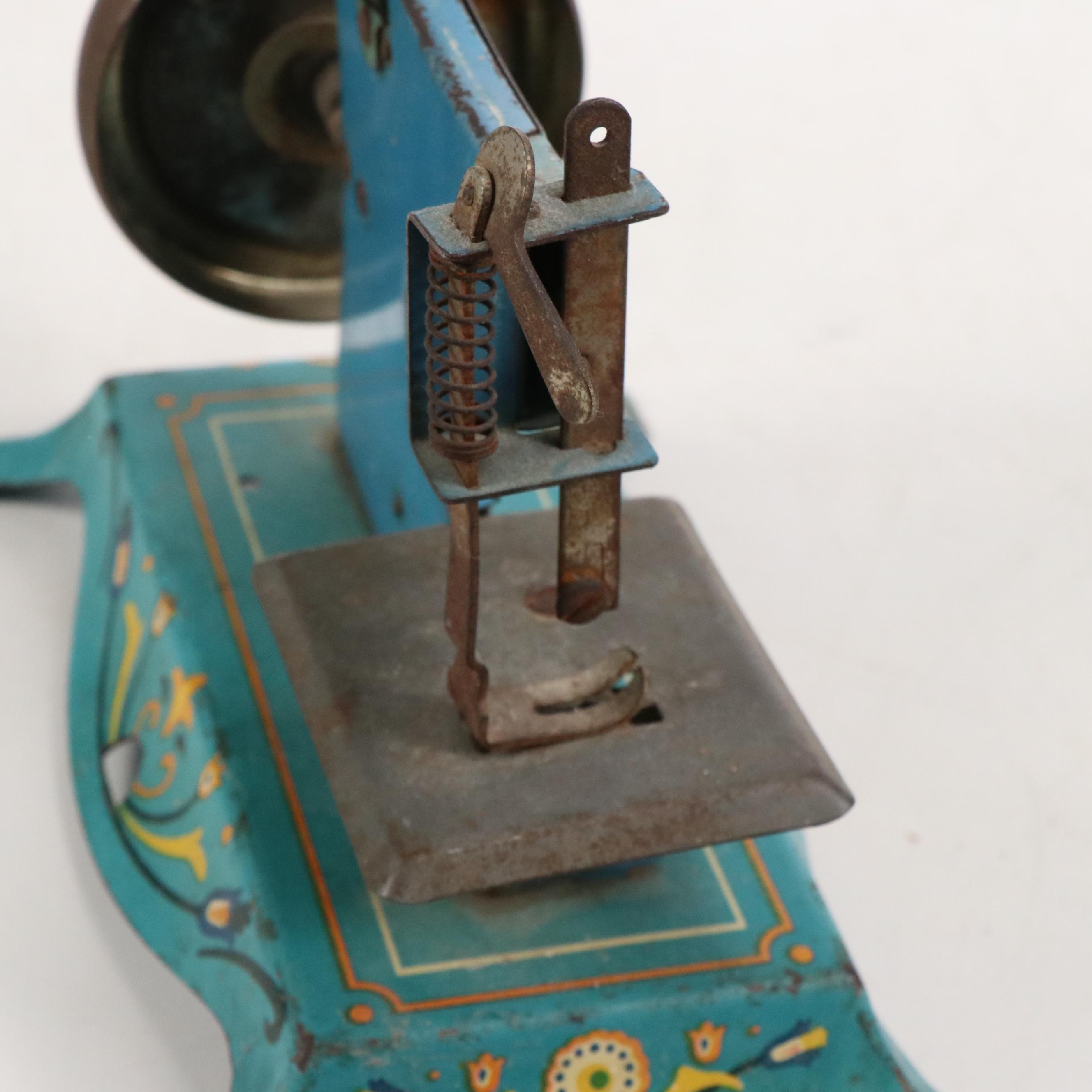 Lindstrom Toy Sewing Machine with Hand-Embroidered Pillowcases and Other Linens