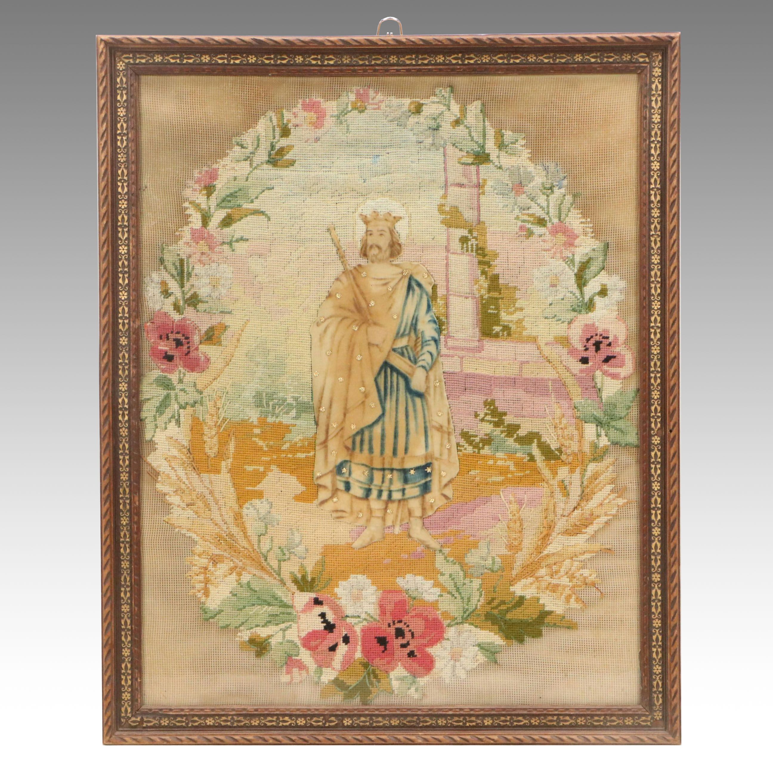 French Needlepoint Embroidery with Crowned King, 19th Century
