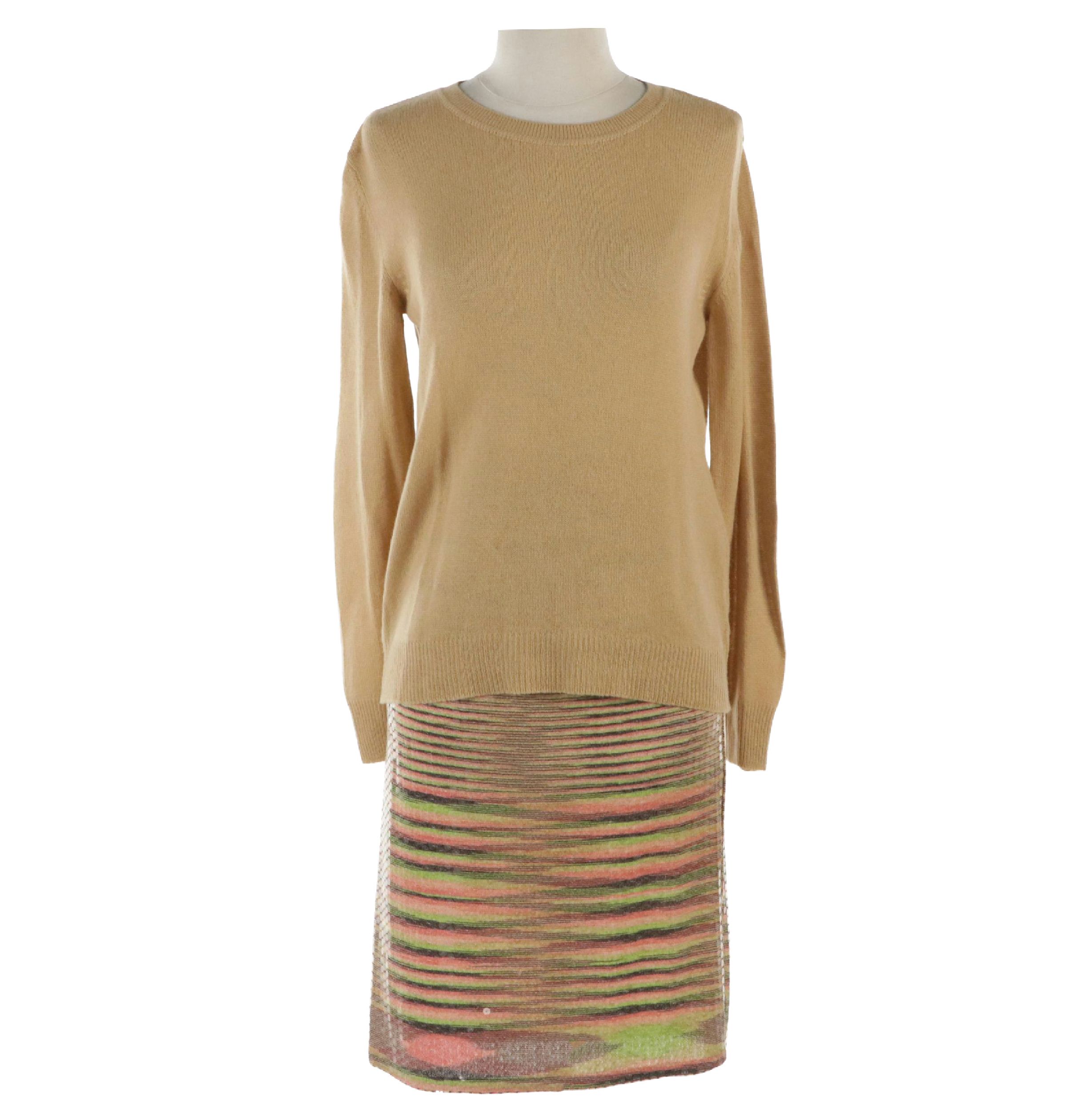 Missoni Orange Label Striped Sequin Knee-Length Skirt and Beige Cashmere Sweater