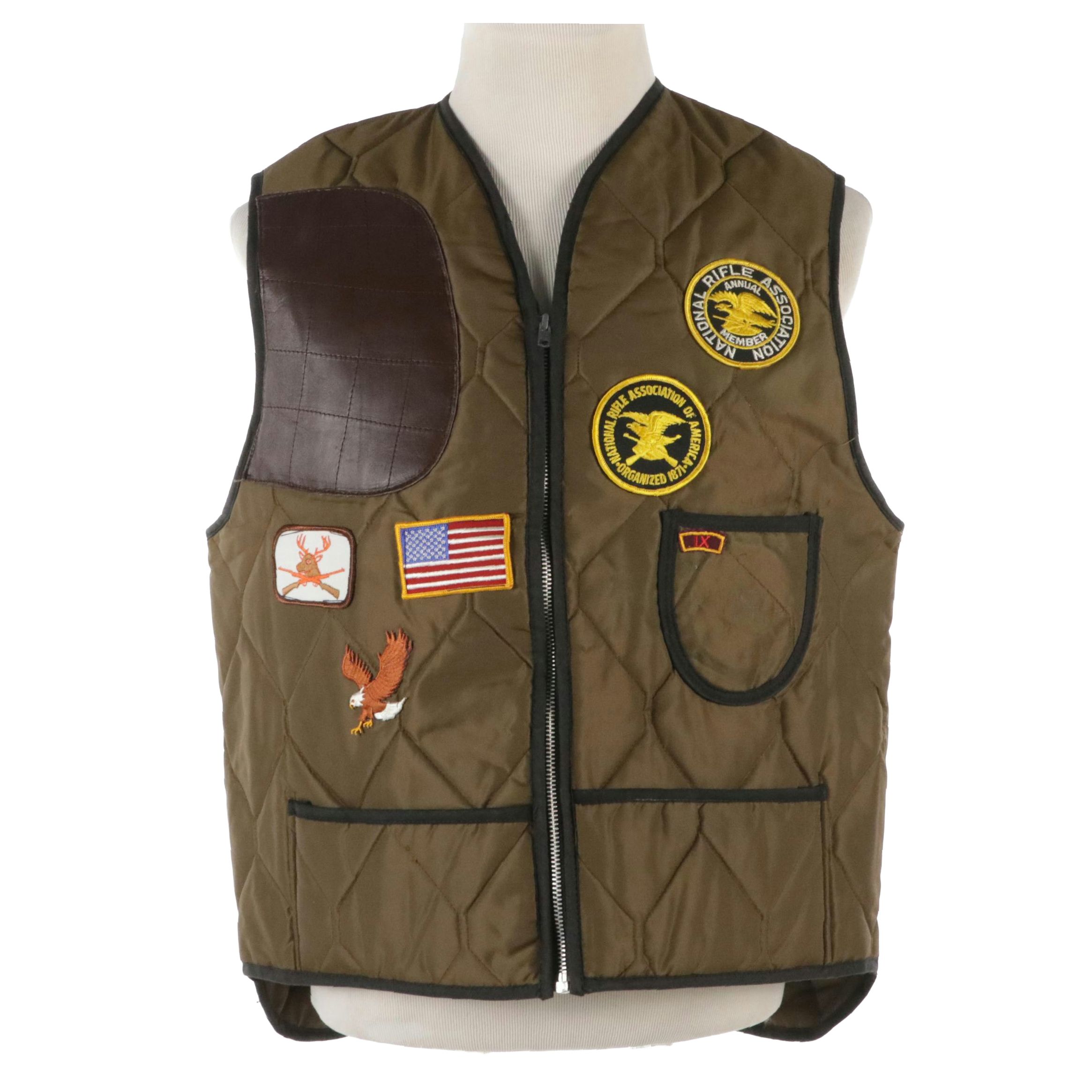 Men's Vintage Quilted Nylon Hunting Vest with Patches
