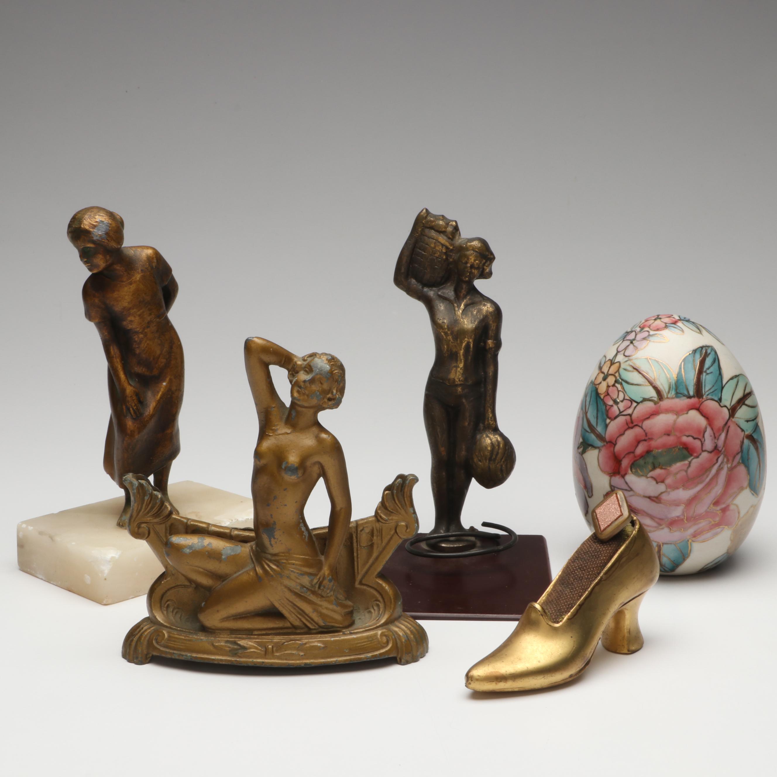 Bronzed Metal Figurines, Shoe and Floral Ceramic Egg