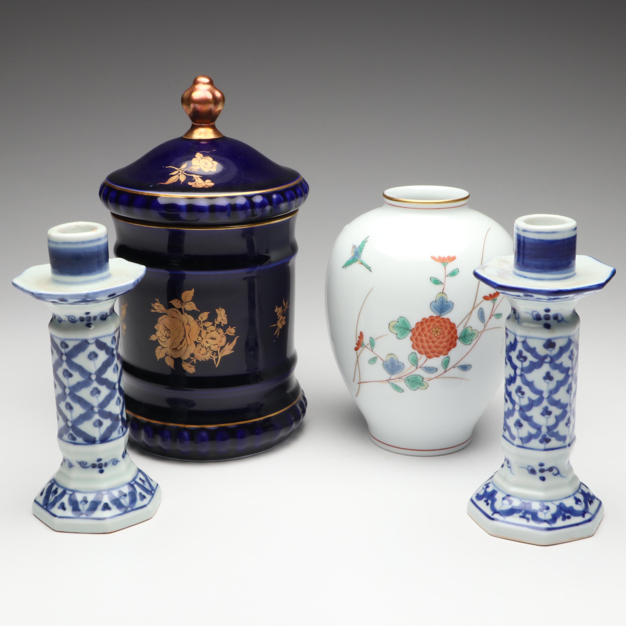 Bareuther Gilt Ceramic Jar, Japanese Porcelain Vase and Thai Candlesticks
