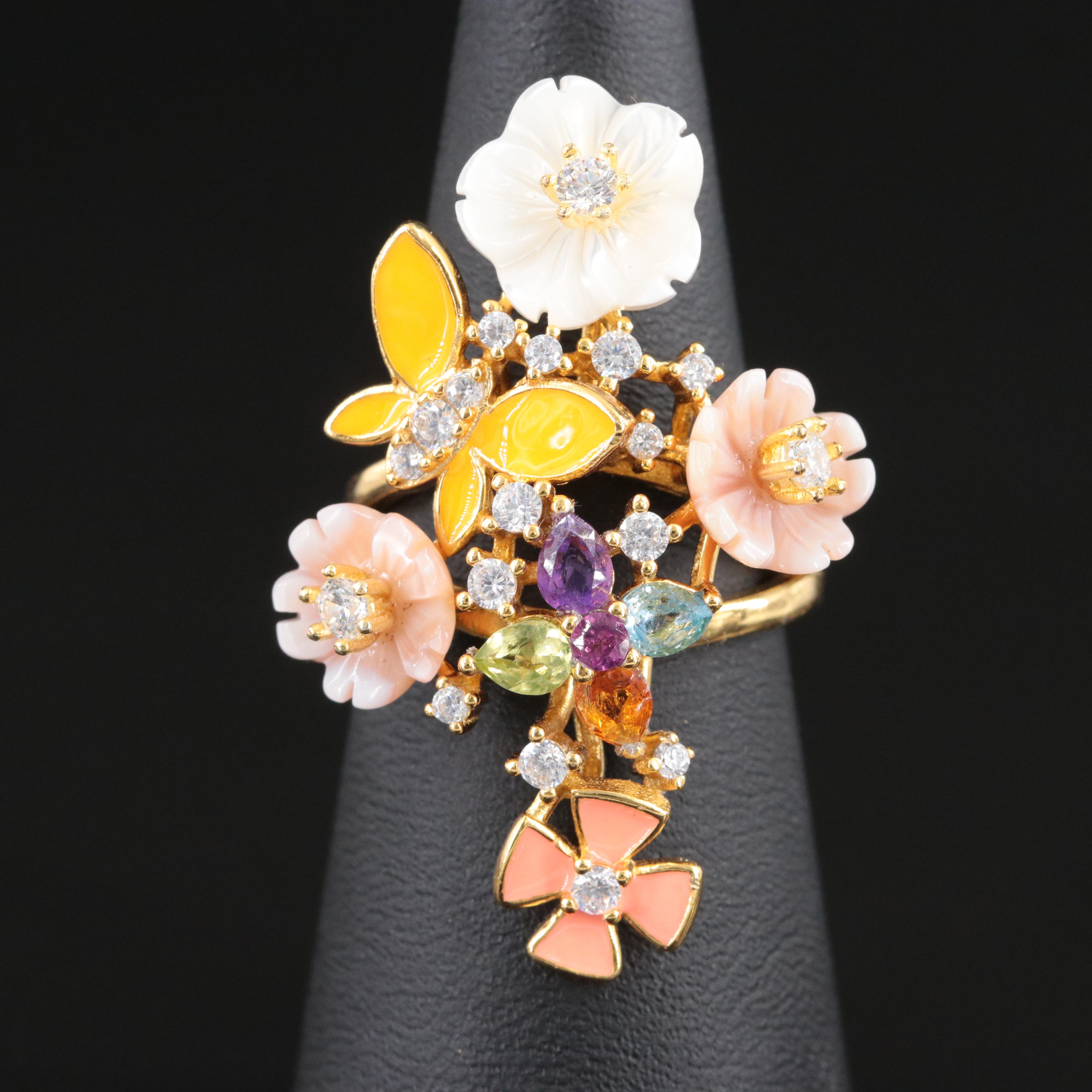 Sterling Gemstone Floral and Butterfly Cluster Ring