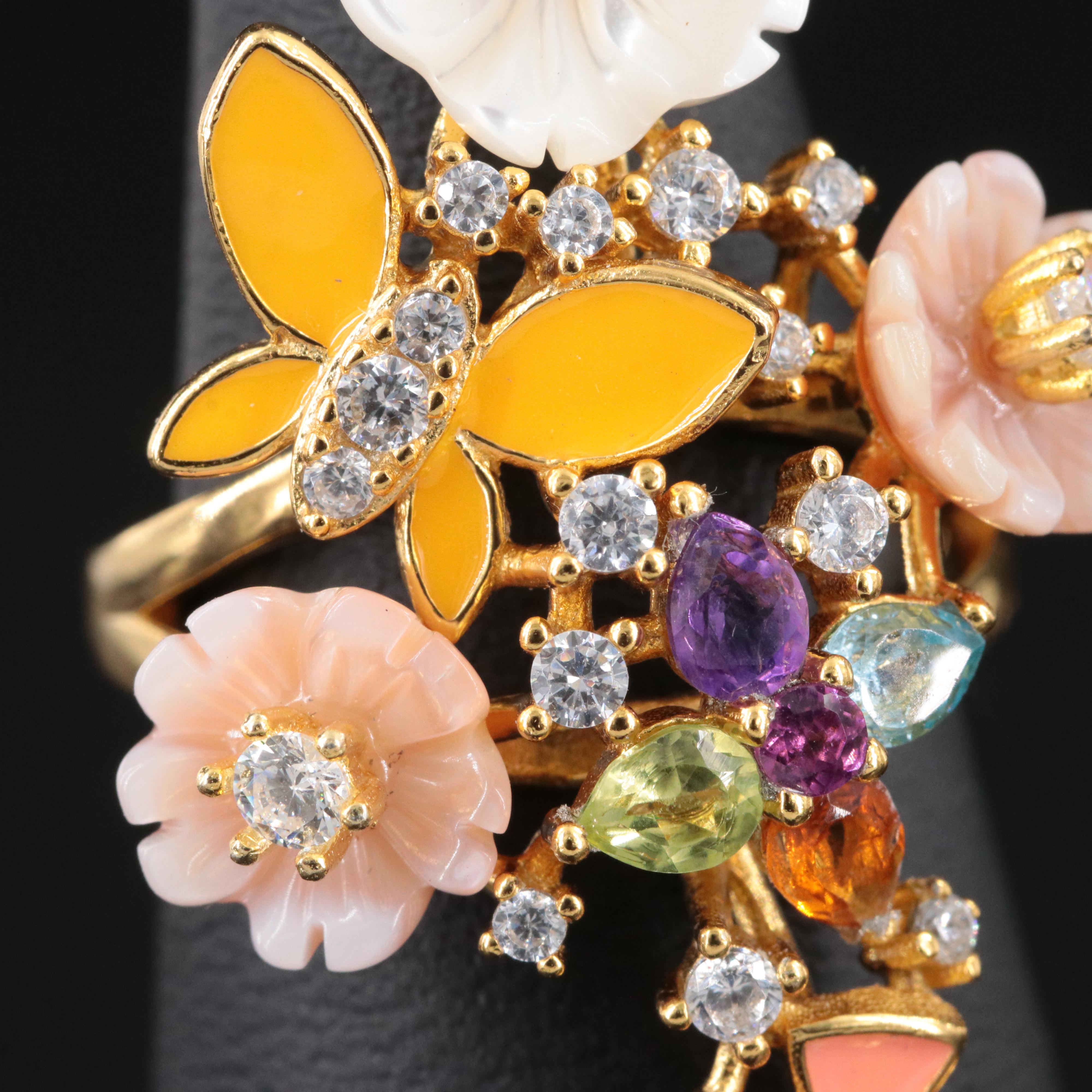 Sterling Gemstone Floral and Butterfly Cluster Ring
