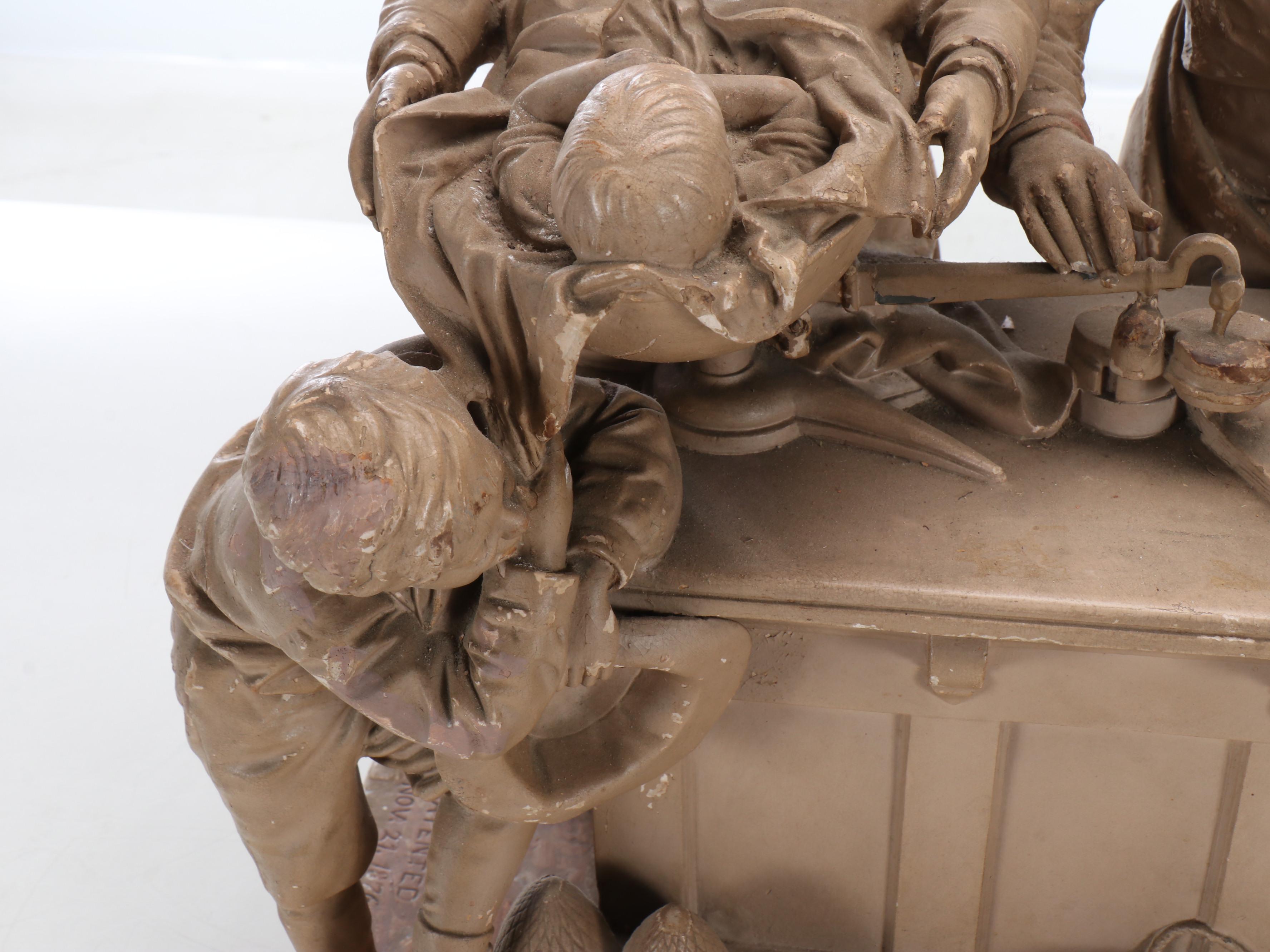 John Rogers Cast Plaster Figural Group "Weighing the Baby," 1876