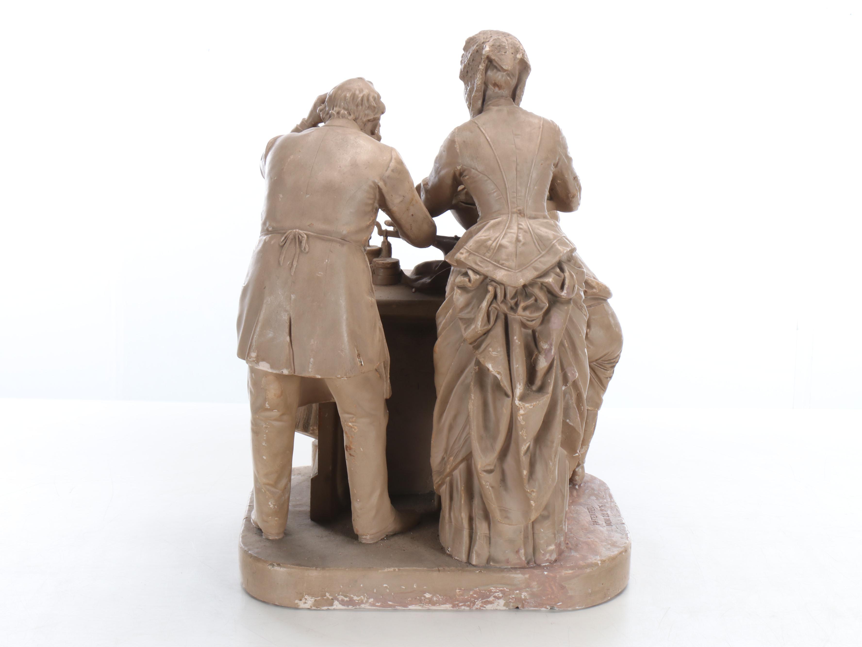 John Rogers Cast Plaster Figural Group "Weighing the Baby," 1876