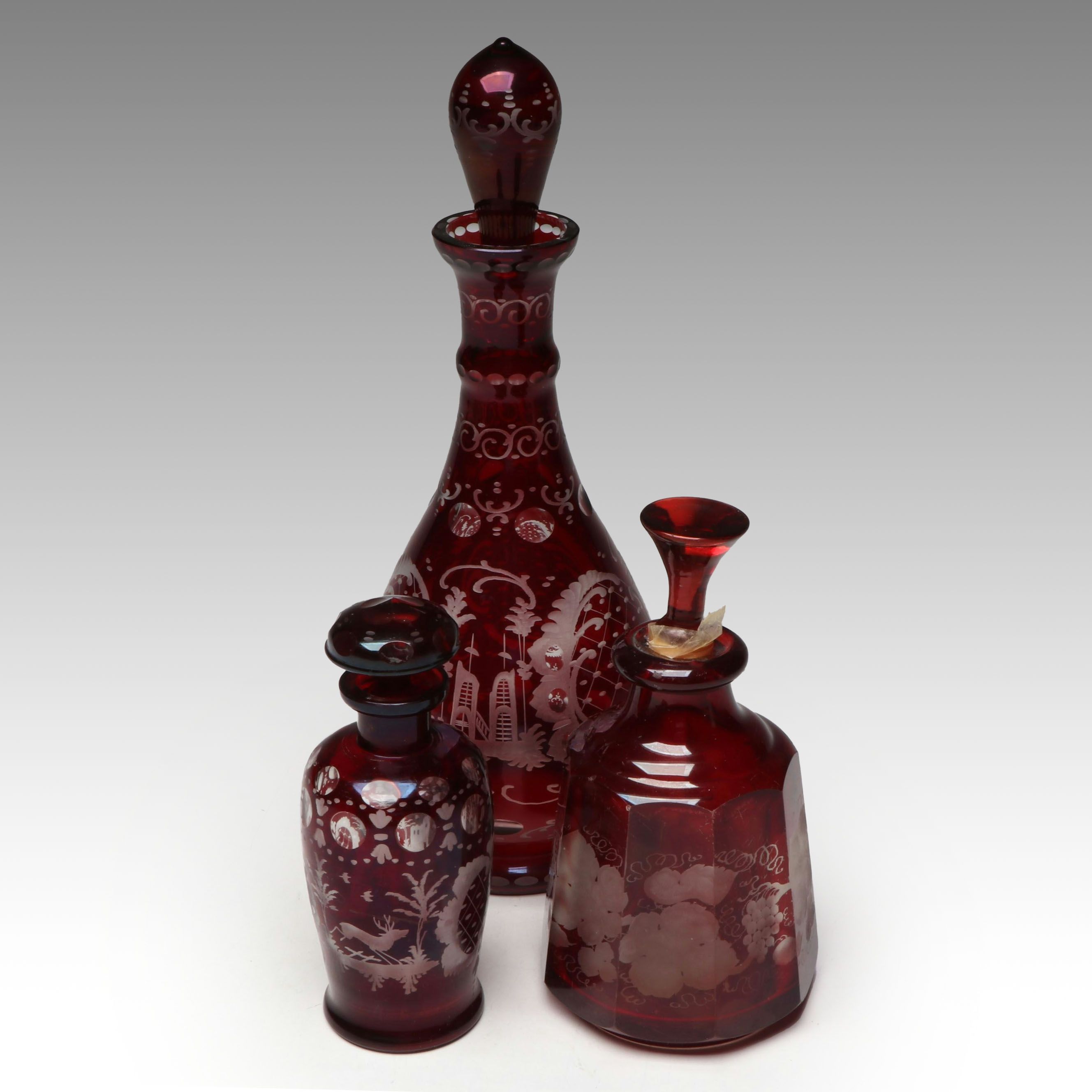 Egermann and Other Bohemian Ruby Etched to Clear Decanters