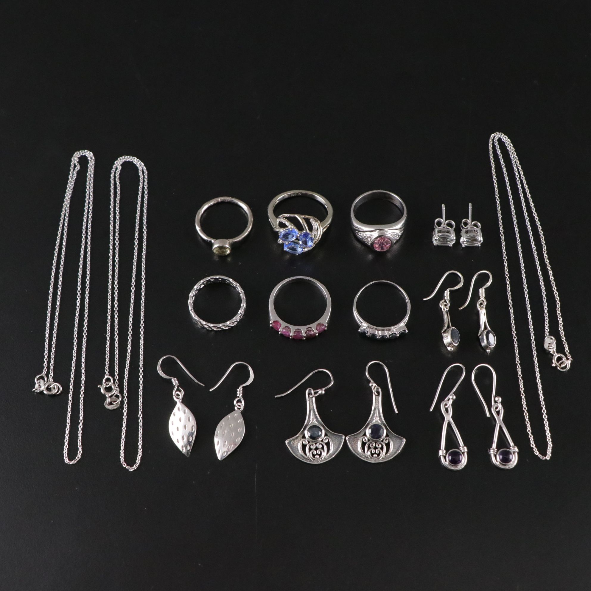 14 Assorted Sterling Silver Rings, Necklaces and Earrings