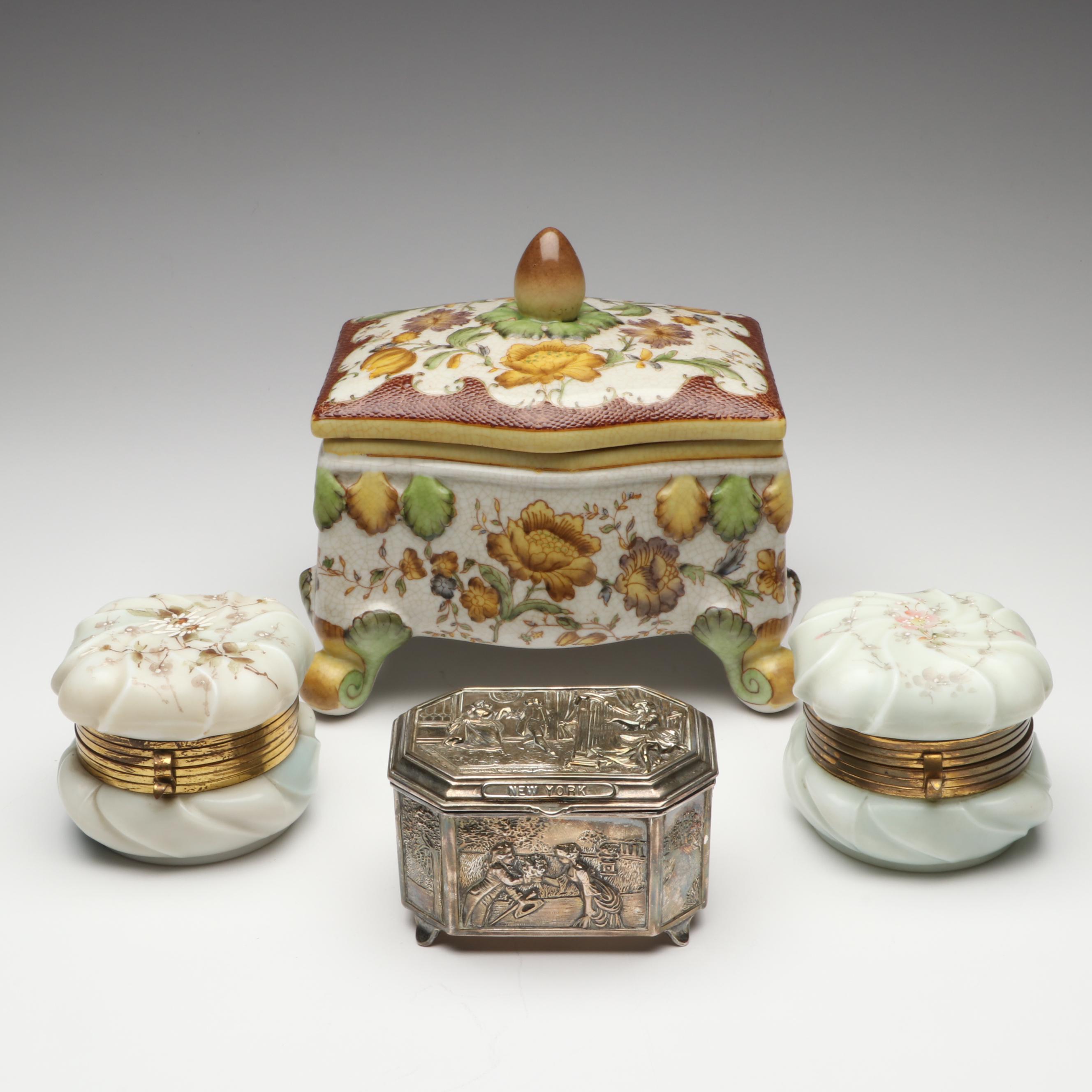 Chinese Ceramic, Silver Plate and Hand-Painted Milk Glass Decorative Boxes