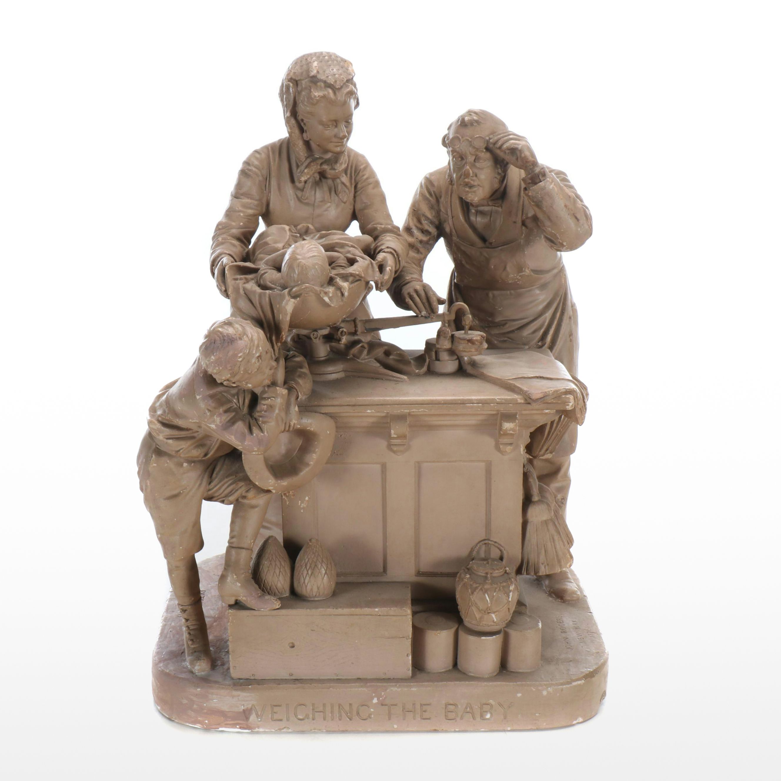 John Rogers Cast Plaster Figural Group "Weighing the Baby," 1876