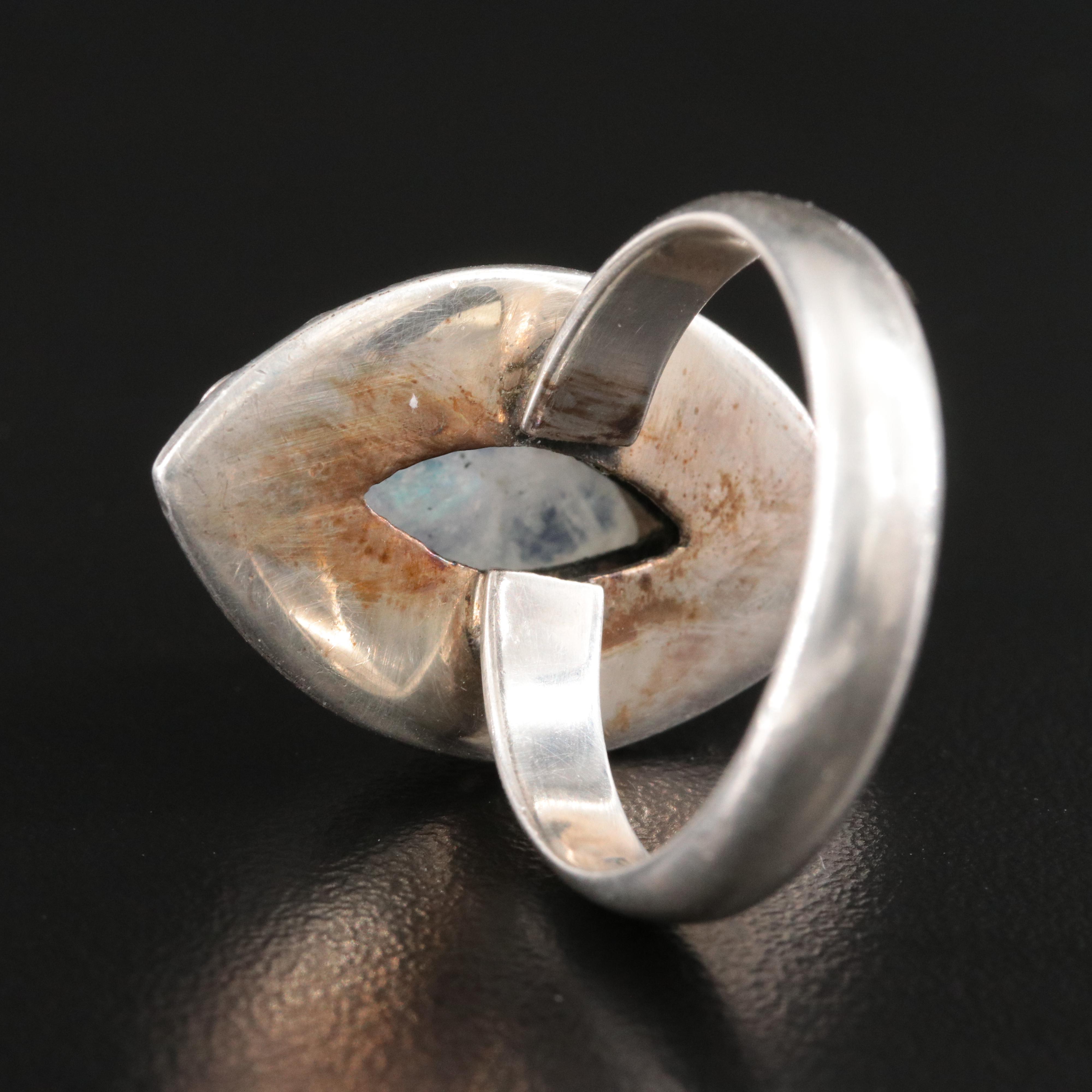 Sterling Rainbow Moonstone Navette Ring