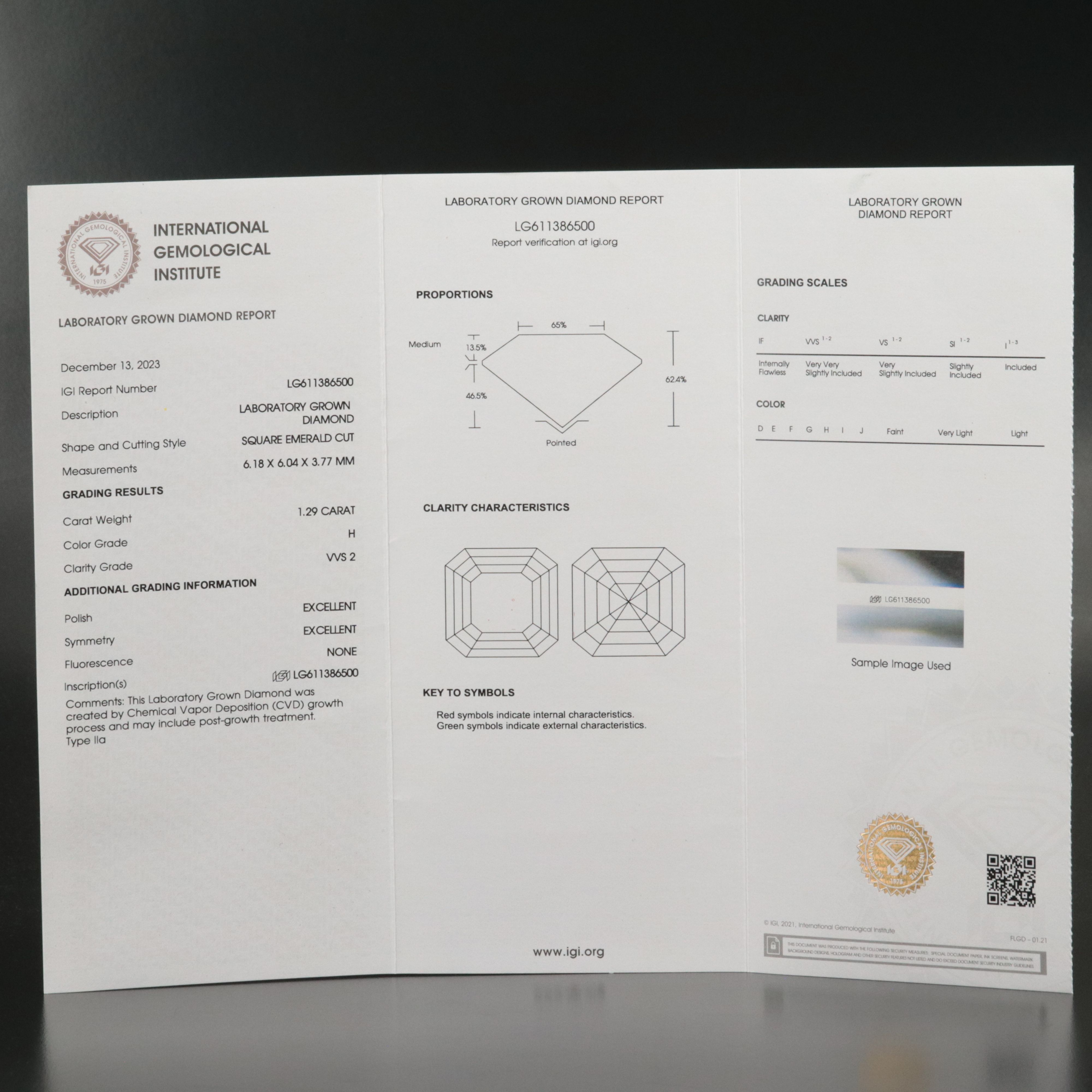 Loose 1.29 CT Lab Grown Diamond with IGI Report
