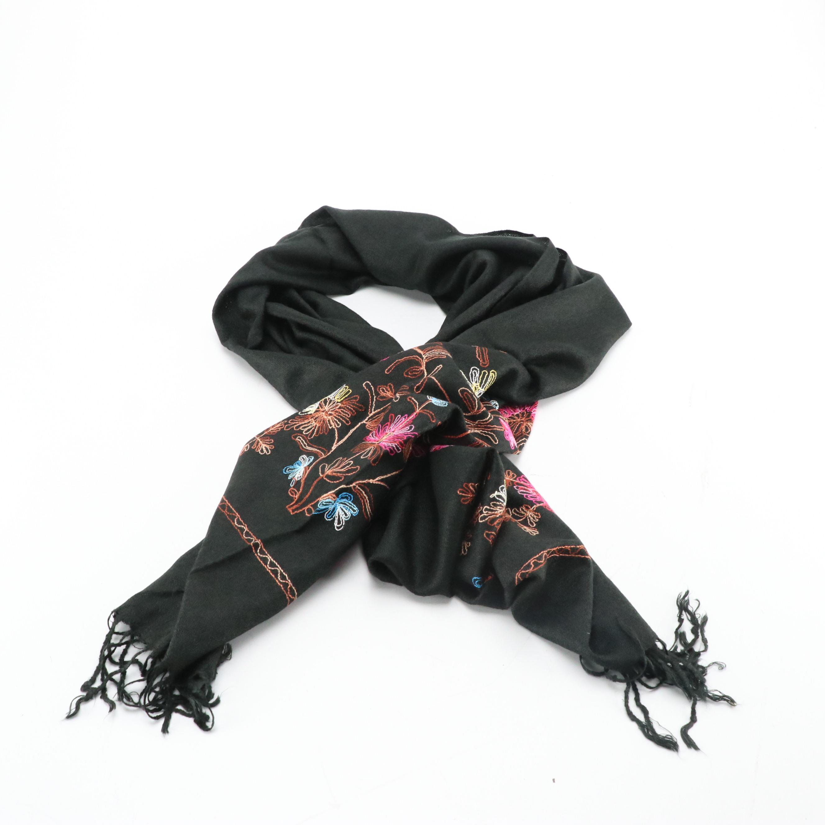 Pashmina Floral Embroidered Fringe Scarf and Other Leather Tote