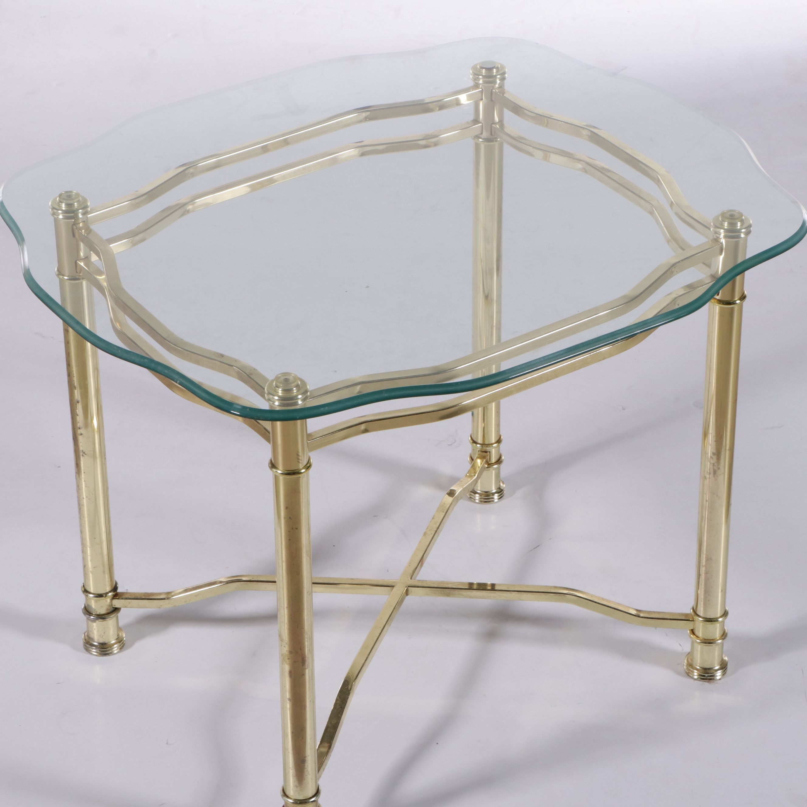Hollywood Regency Style Brass Glass Top Coffee and Side Tables